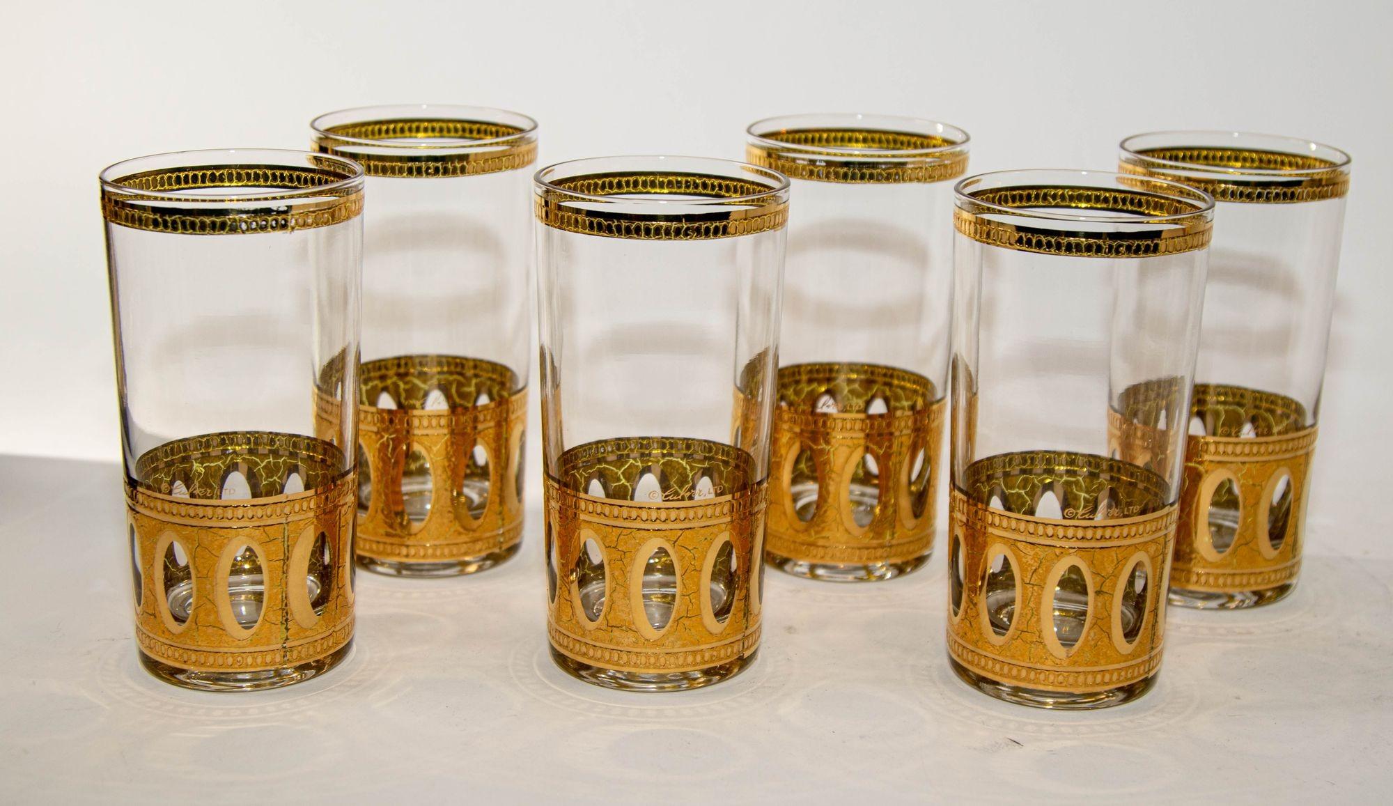 Hollywood Regency Ensemble de 6 verres Highball Culver Ltd avec or 22 carats Antigua 1950s en vente