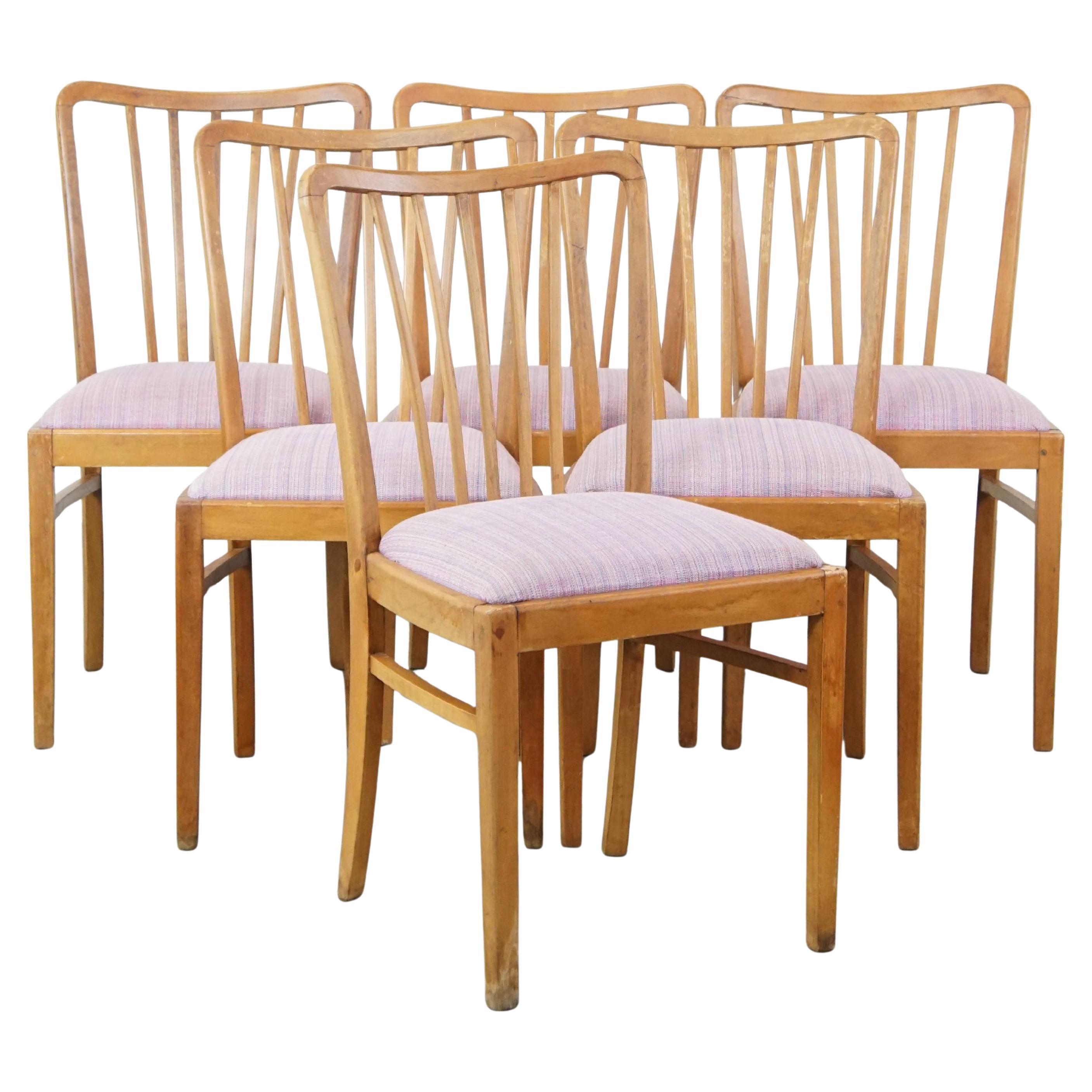 Set of 6 vintage Danish design dining chairs from the 1970s with purple fabric