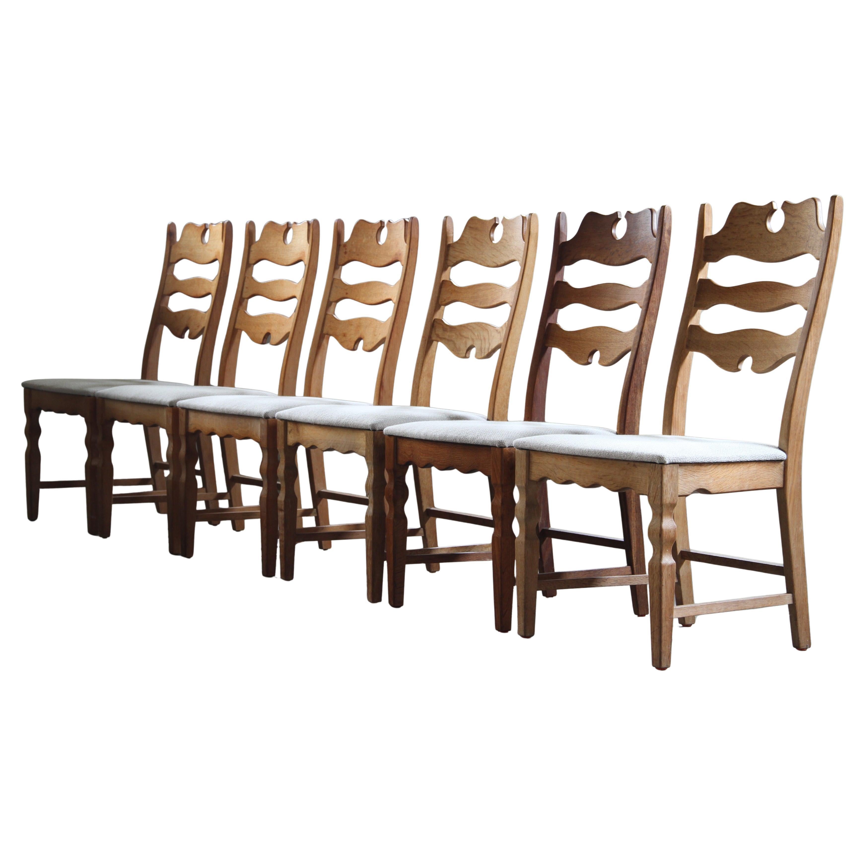 Set of 6 Vintage Danish Oak Razorblade Highback Chairs by H. Kjærnulf, 1960s For Sale