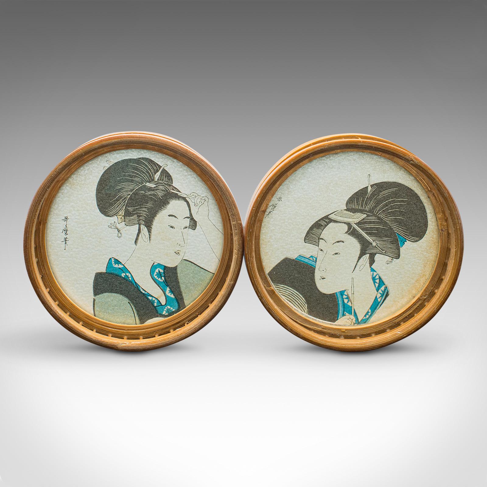 20th Century Set of 6 Vintage Decorative Coasters, Japanese, Bamboo Nest, Ukiyo-e, Art Deco