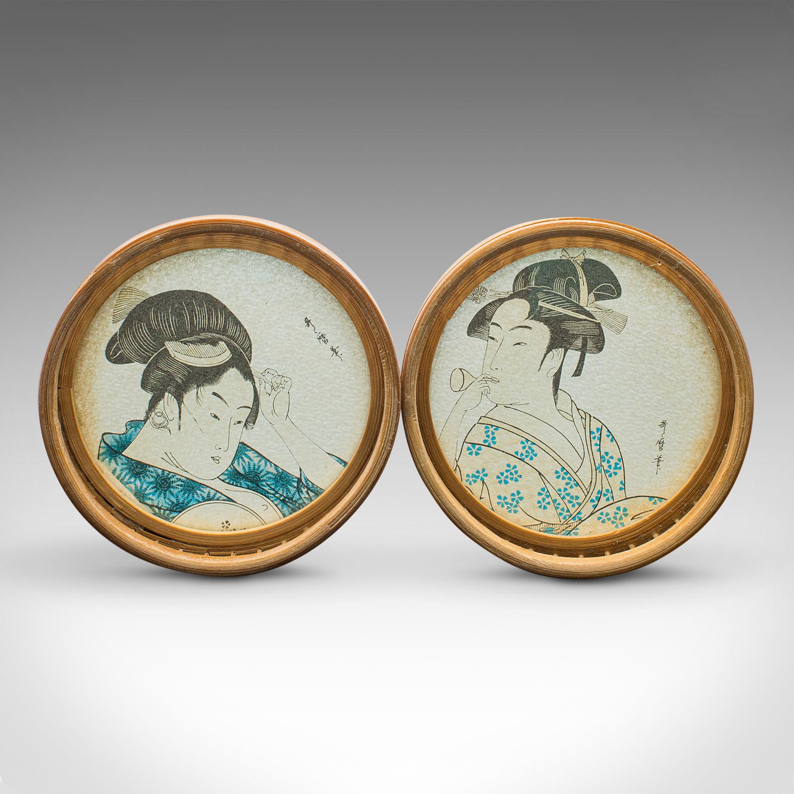 Set of 6 Vintage Decorative Coasters, Japanese, Bamboo Nest, Ukiyo-e, Art Deco 1