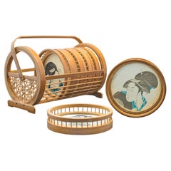 Set of 6 Vintage Decorative Coasters, Japanese, Bamboo Nest, Ukiyo-e, Art Deco