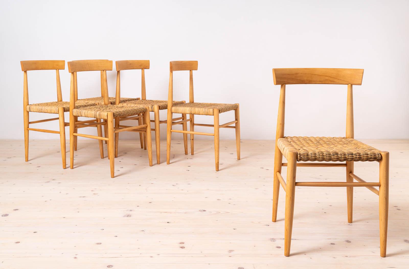 Juego de 6 sillas de comedor vintage de ULUV, asientos de mimbre, Checoslovaquia, años 60 Moderno de mediados de siglo en venta