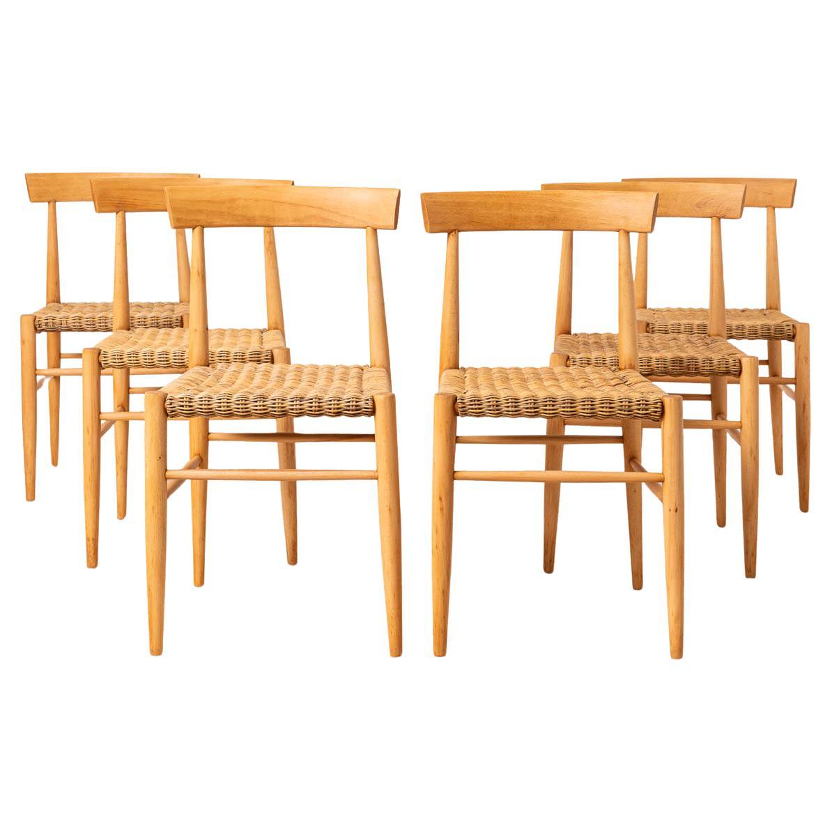 Juego de 6 sillas de comedor vintage de ULUV, asientos de mimbre, Checoslovaquia, años 60