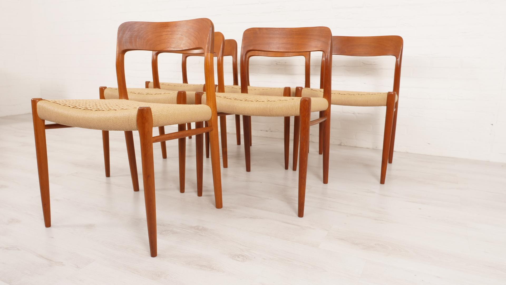 Ensemble de 6 chaises de salle à manger vintage  Niels Otto Møller  Modèle 75  Corde en papier  Teck en vente 7