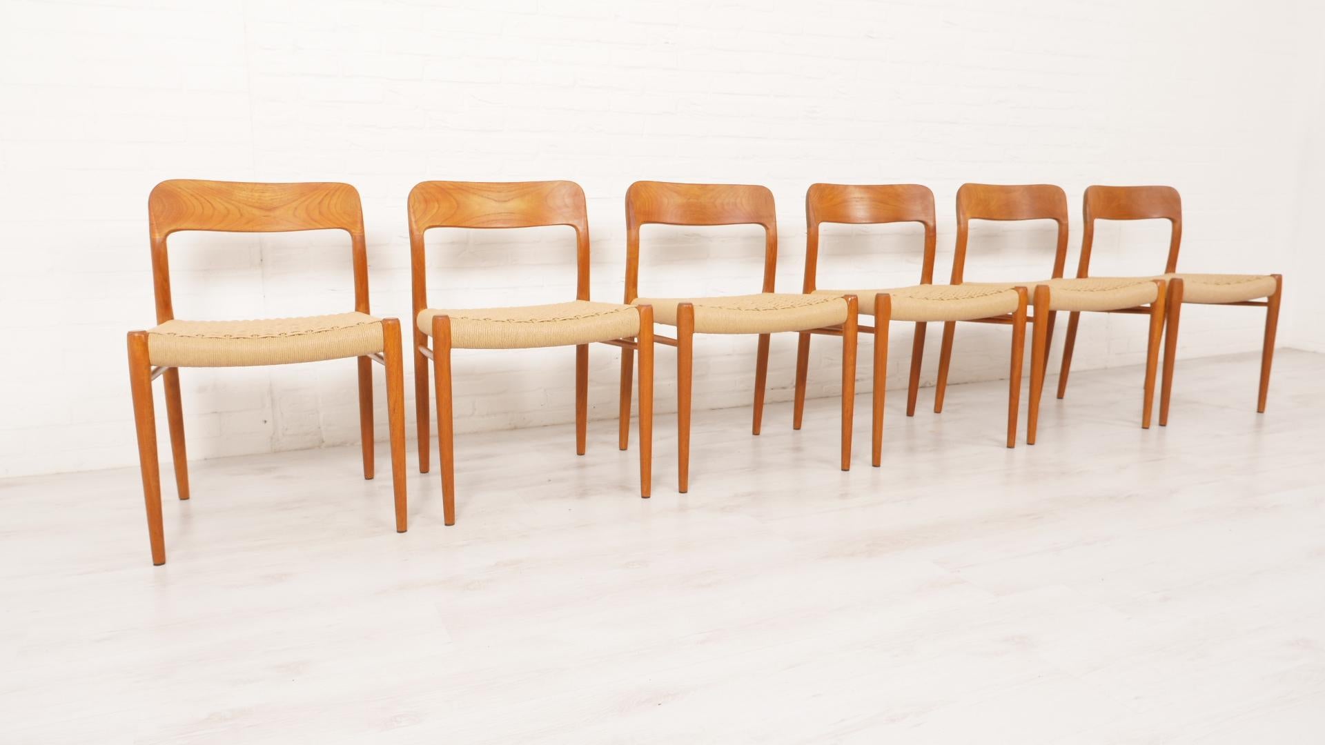 Danish Set of 6 vintage dining chairs  Niels Otto Møller  Model 75  Papercord  Teak For Sale
