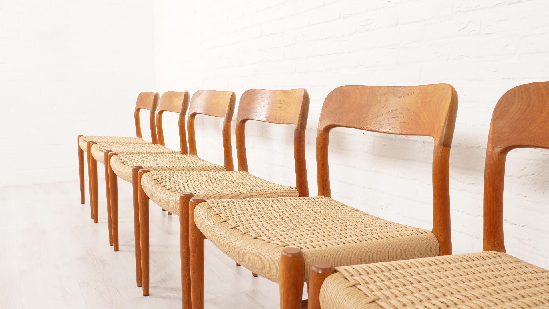 Hand-Woven Set of 6 vintage dining chairs  Niels Otto Møller  Model 75  Papercord  Teak For Sale