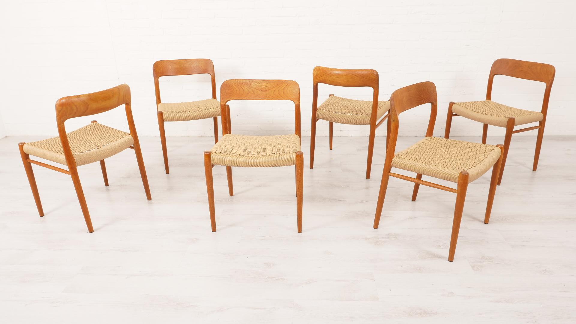 Set of 6 vintage dining chairs  Niels Otto Møller  Model 75  Papercord  Teak For Sale 2