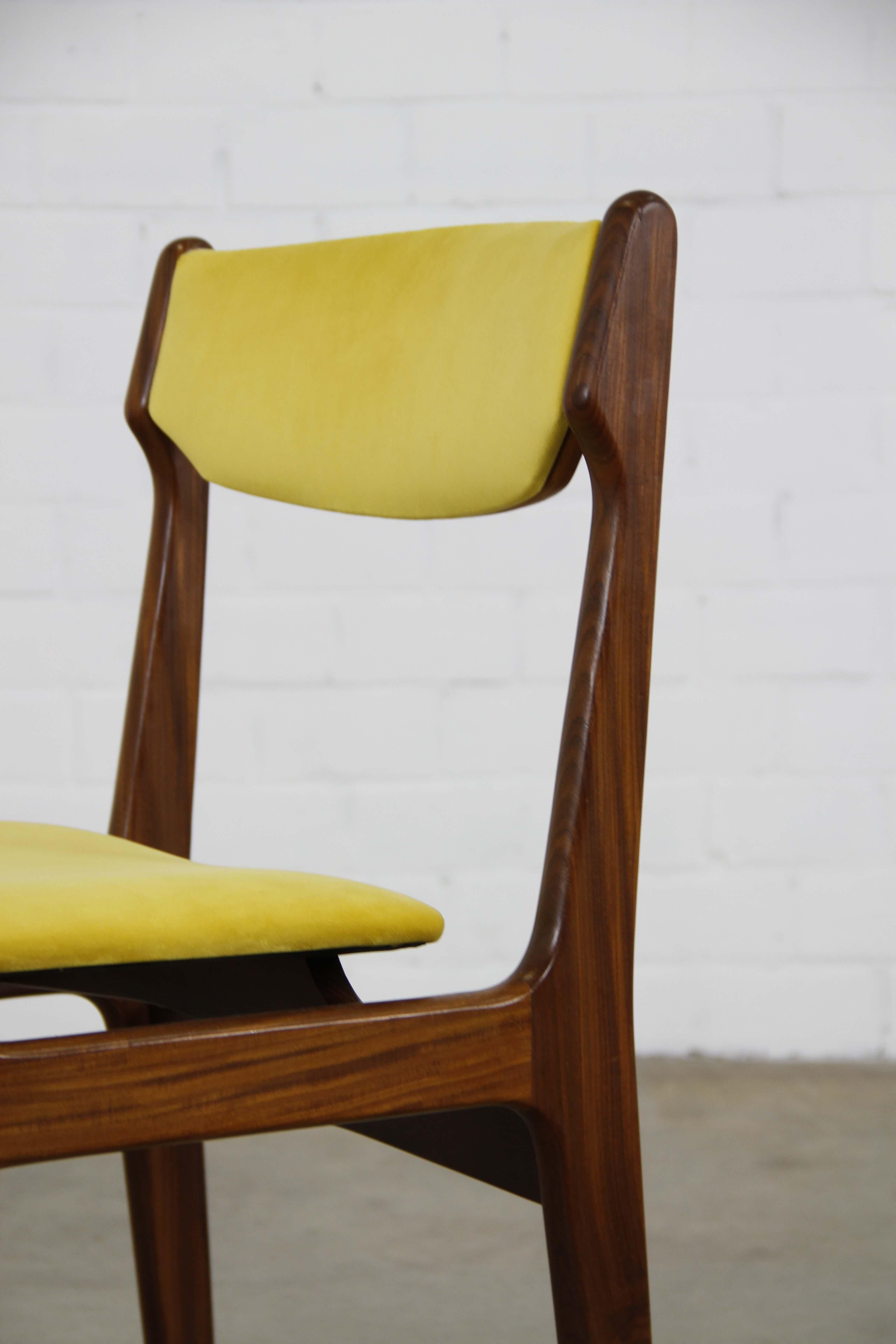 Scandinavian Modern Set of 6 Vintage Dining Chairs Re-Upholstered in Yellow Velvet