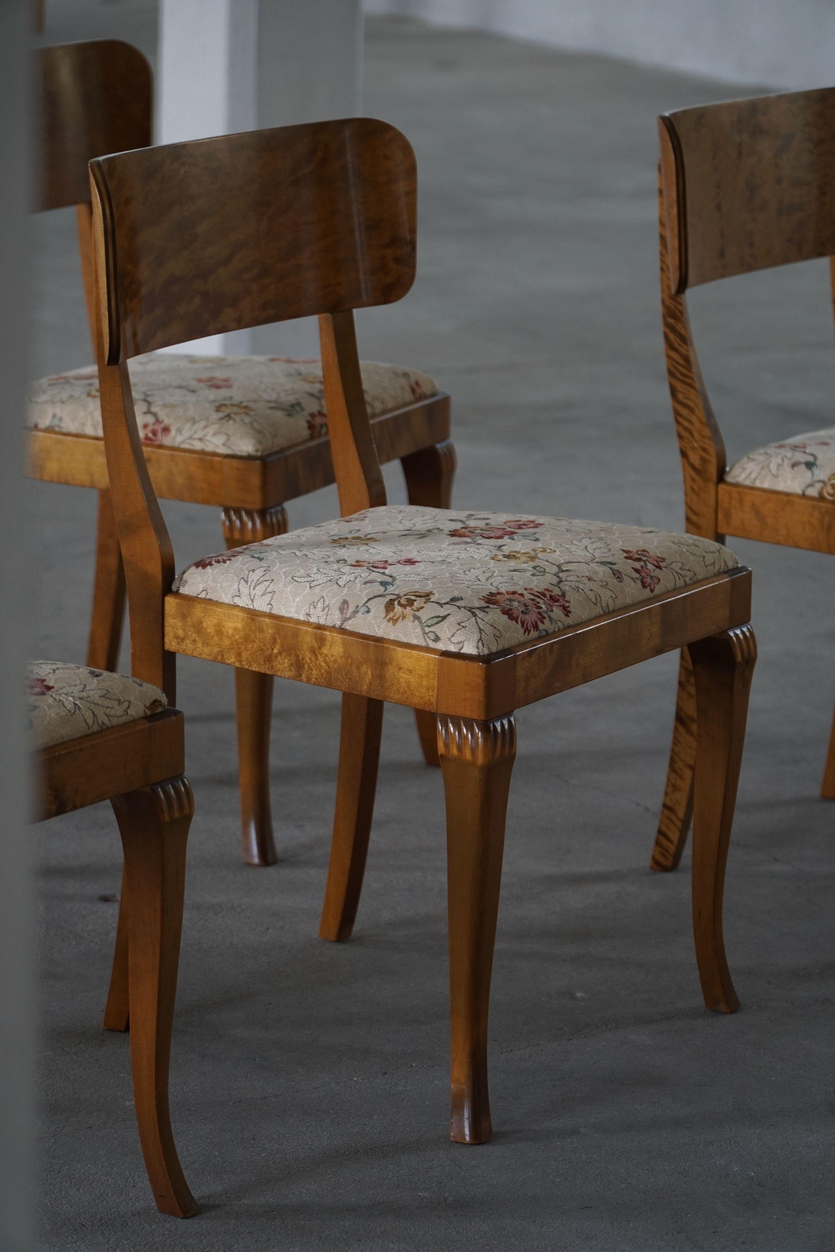 Art Déco Set di 6 sedie da pranzo vintage, Swedish Grace, tappezzeria floreale, anni '30 in vendita