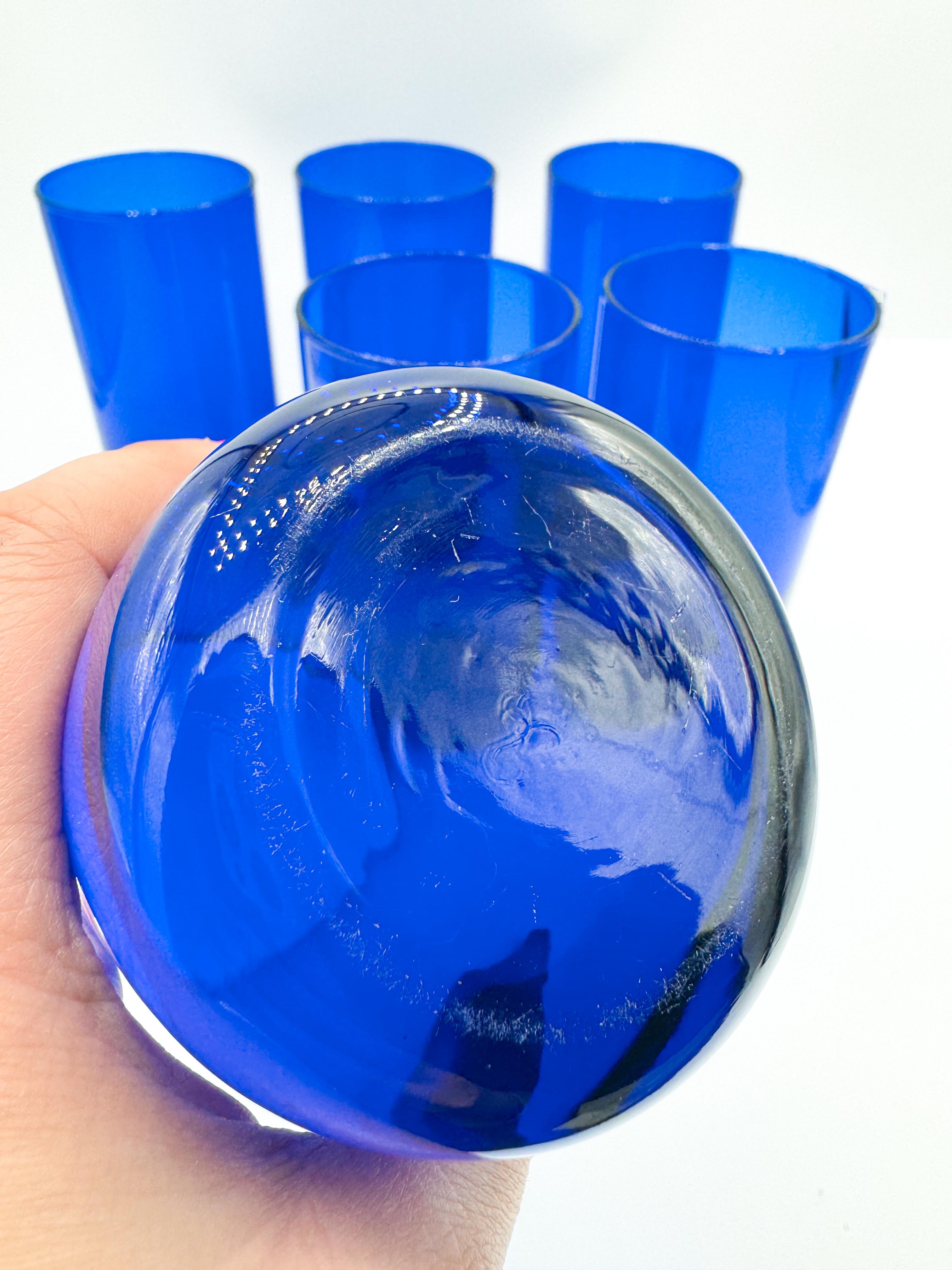 Hand-Crafted Set of 6 Vintage Drinking Glasses 1980s Cobalt Blue Highball Tumblers