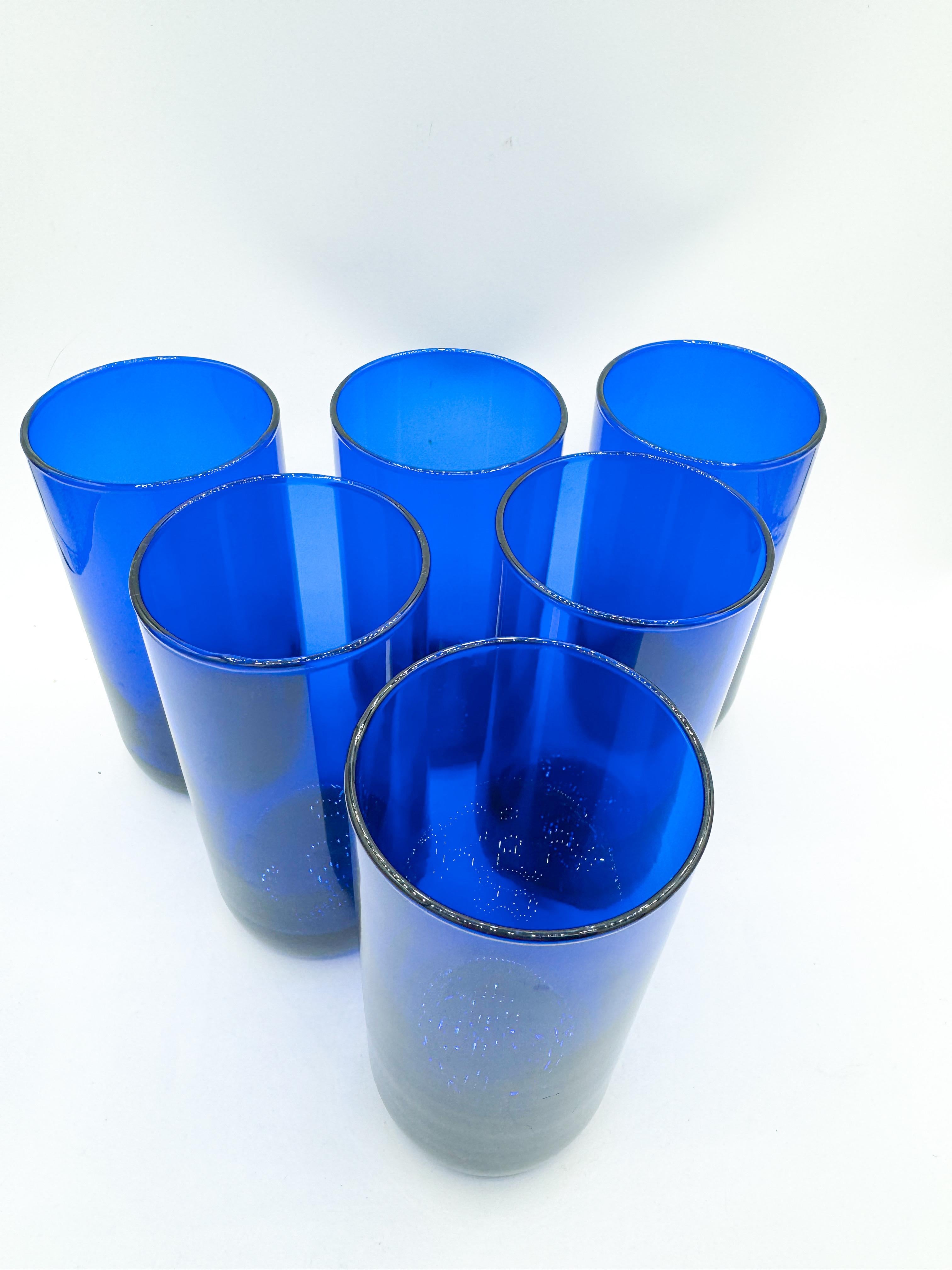 Set of 6 Vintage Drinking Glasses 1980s Cobalt Blue Highball Tumblers 1