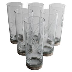 Set of 6 Vintage Drinking Glasses with Silver Base and Floral Design, 1960s