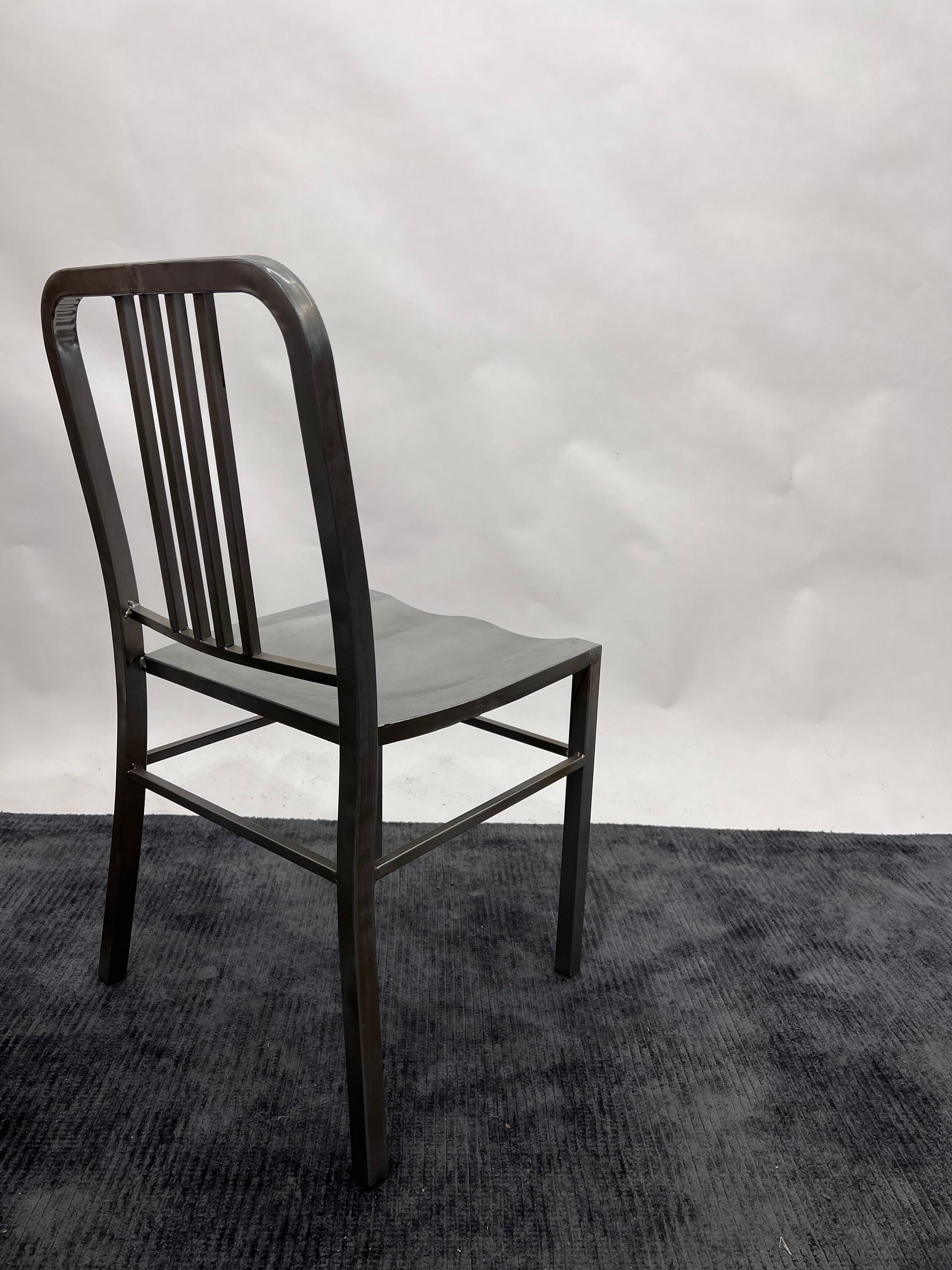 Styled after the iconic hand-made aluminium seats originally designed for the US Navy in 1944. Set of 6 very sturdy all metal constructed chairs.

Measures: 17.25 seat height 
Backrest height 32”
16”D 
15.5”L

In vintage condition, with