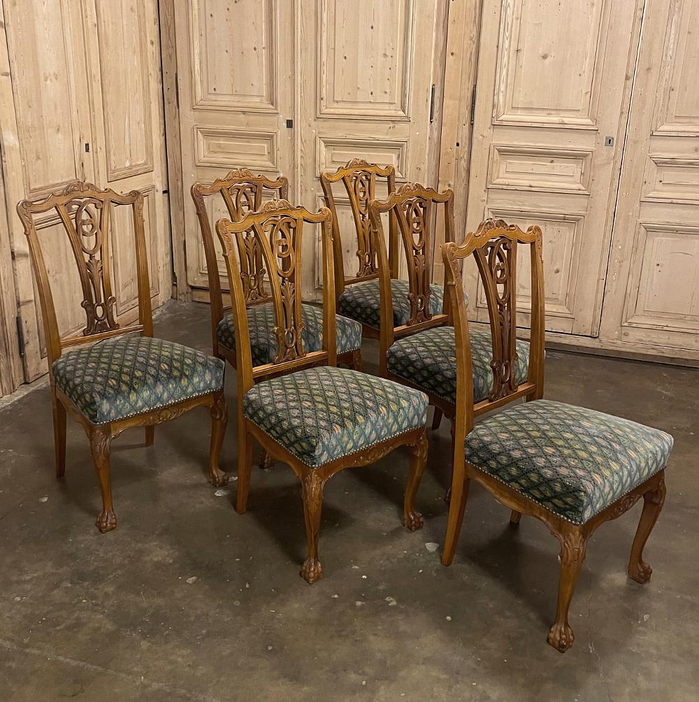 Set of 6 vintage English Chippendale mahogany dining chairs will add stylish flair to your dining experience, while creating visual interest due to the sheer natural beauty of the carved wood frameworks! Multiple arched seatback crown presides over
