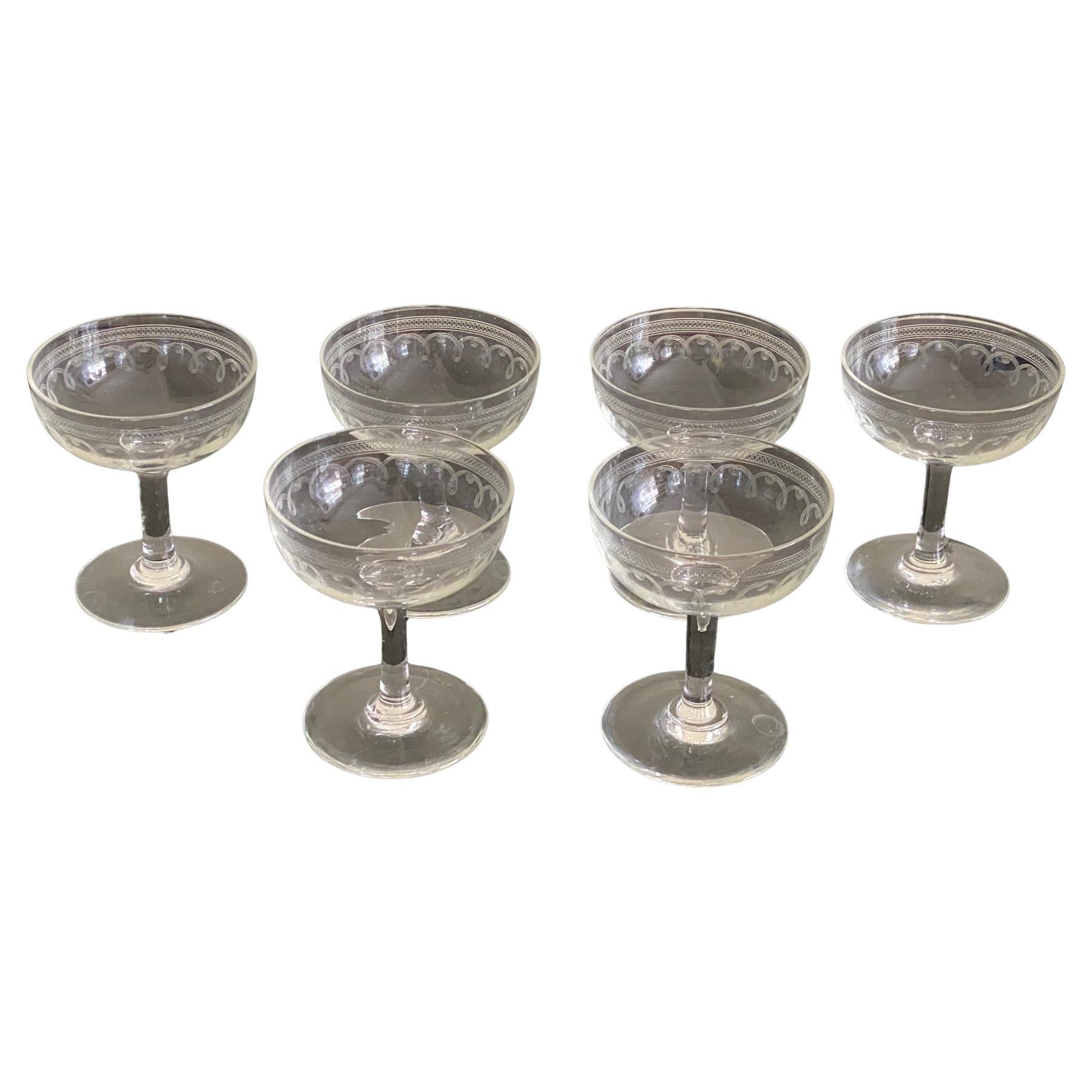 Set di 6 Coupé di Champagne incisi d'epoca, Francia anni '30