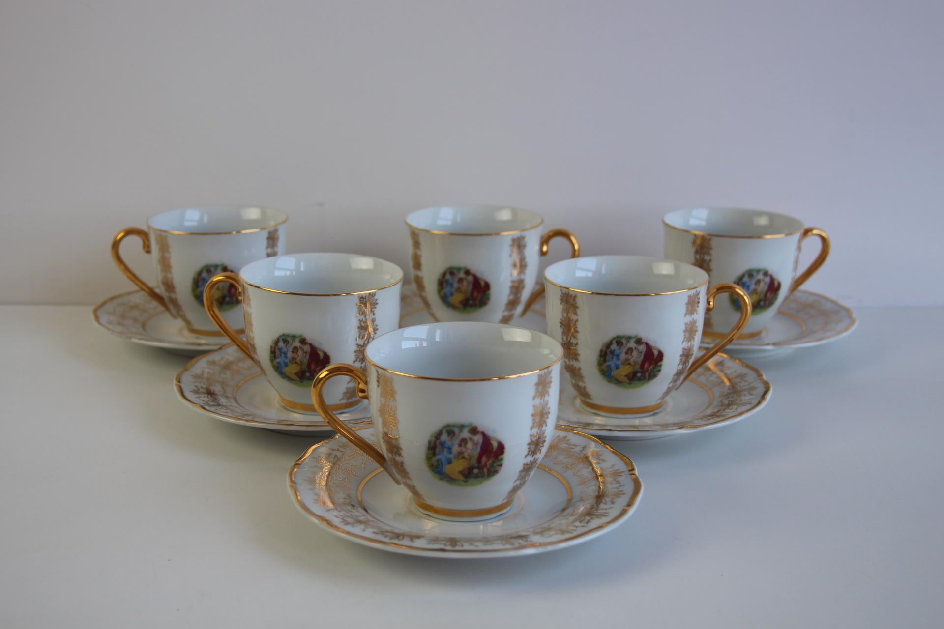 Mid-Century Modern Set of 6 Vintage EPIAG Czech Porcelain Demitasse Cups and Saucers For Sale