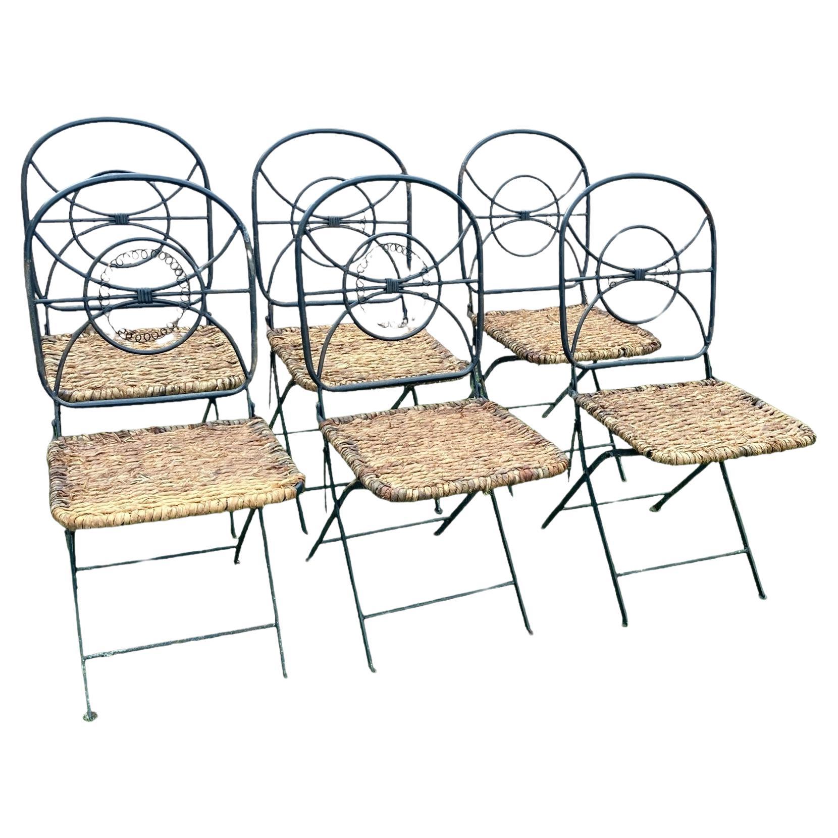 Set of 6 Vintage Folding Wrought Iron and Wicker Garden Chairs