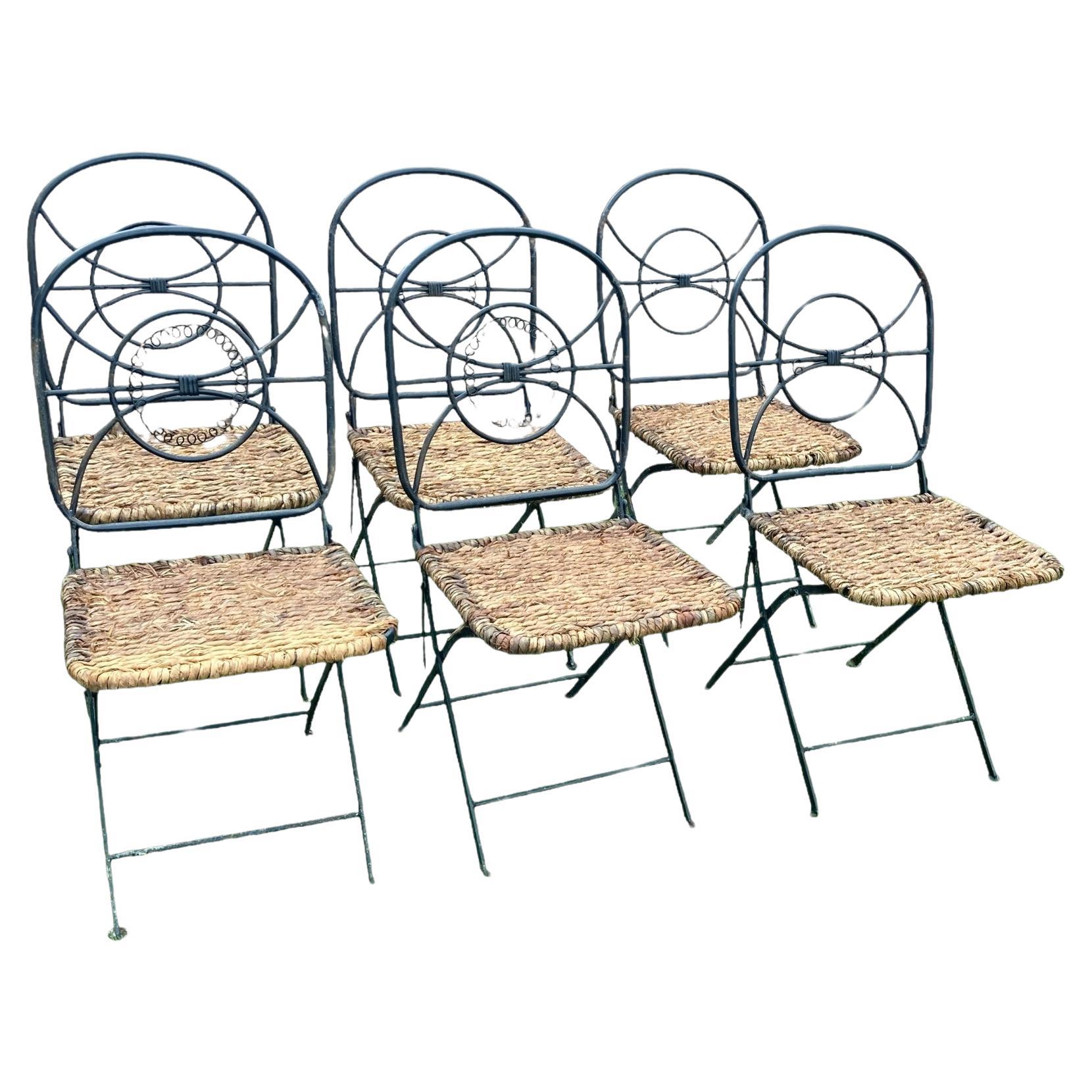 Satz von 6 klappbaren Gartenstühlen aus Schmiedeeisen und Weidengeflecht