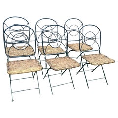 Set of 6 Used Folding Wrought Iron and Wicker Garden Chairs