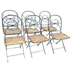 Set of 6 Vintage Folding Wrought Iron and Wicker Garden Chairs