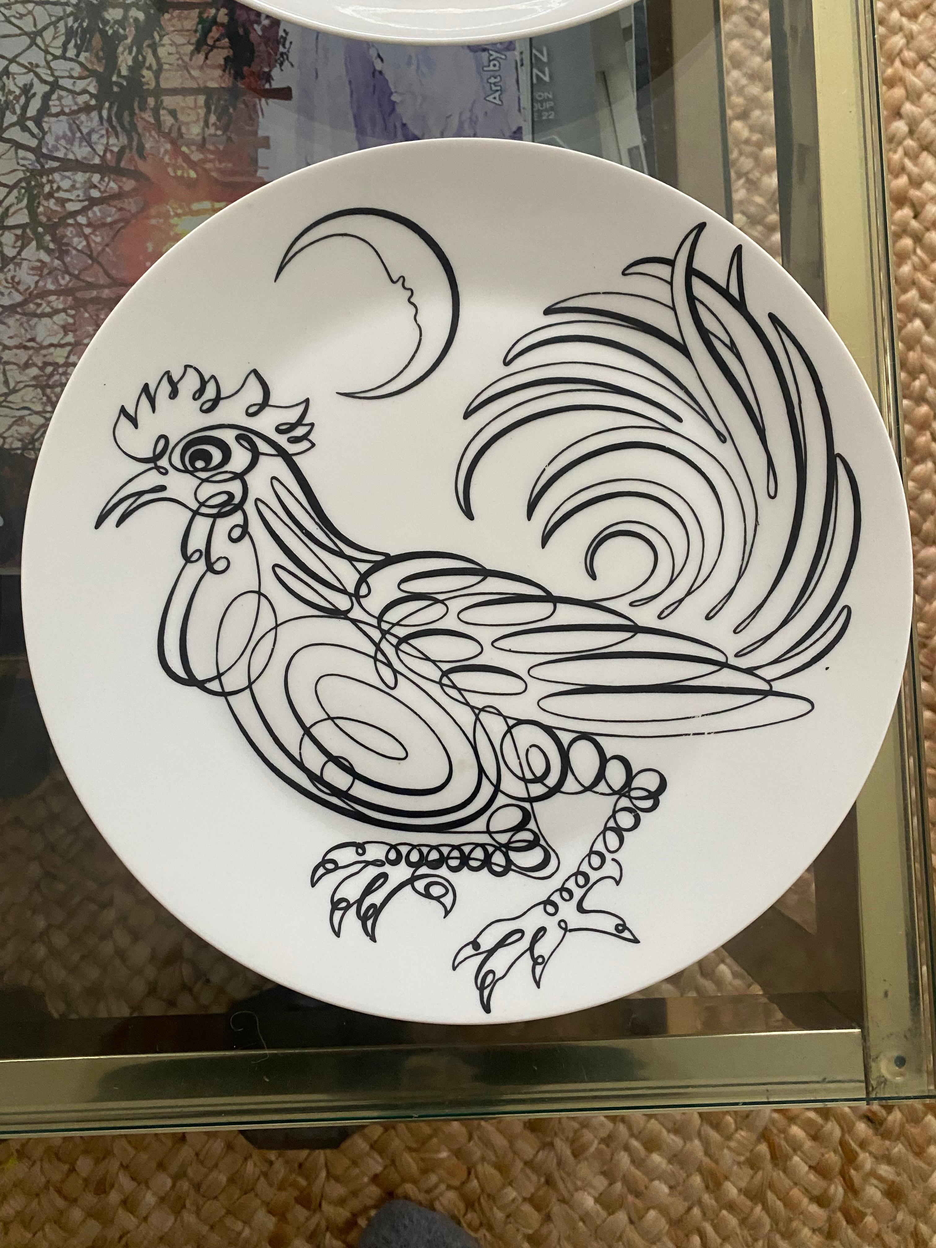 Mid-Century Modern Set of 6 Vintage Fornasetti Calligraphy Bird black outline plates Milan For Sale