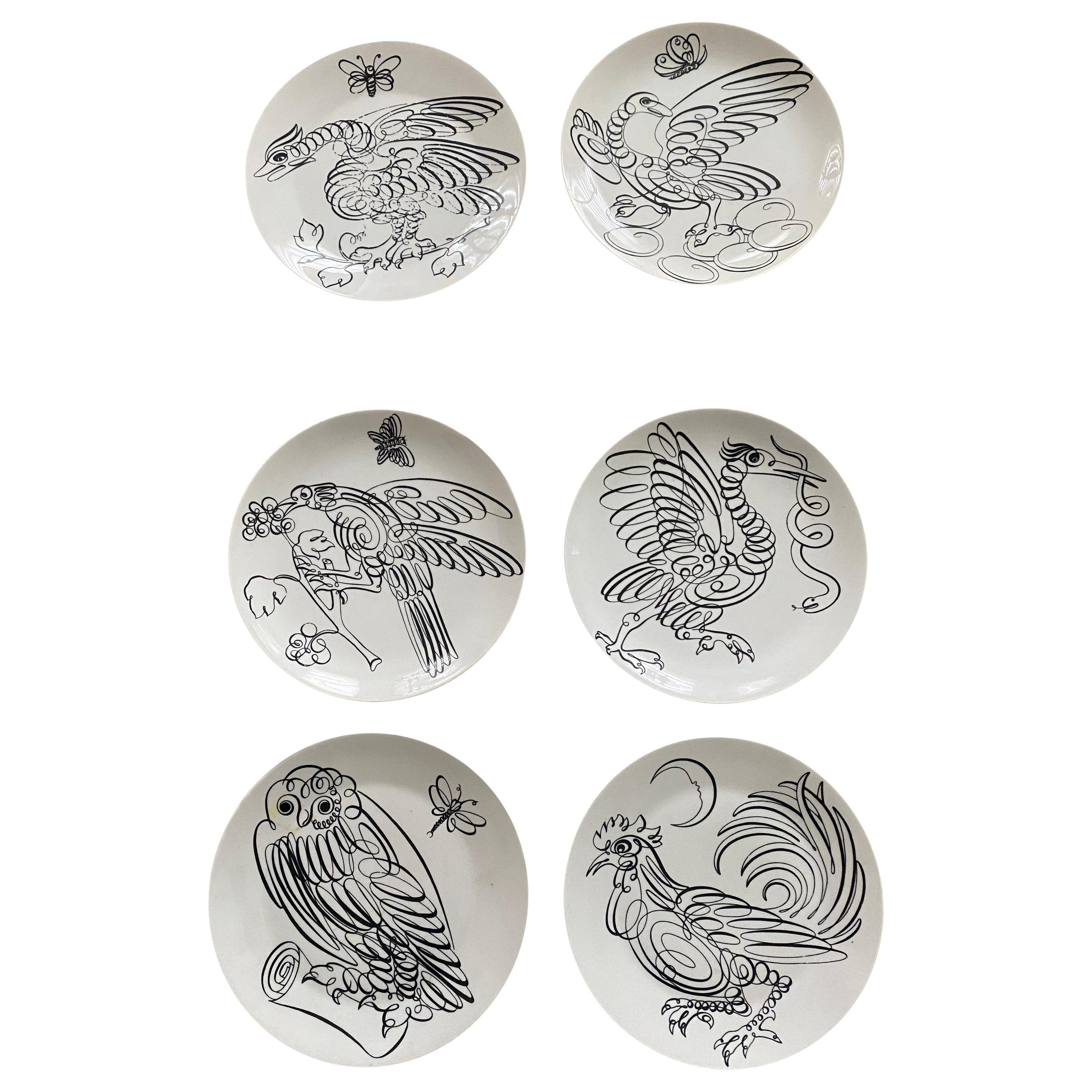 Set di 6 piatti vintage Fornasetti Calligraphy Bird con contorno nero Milano in vendita
