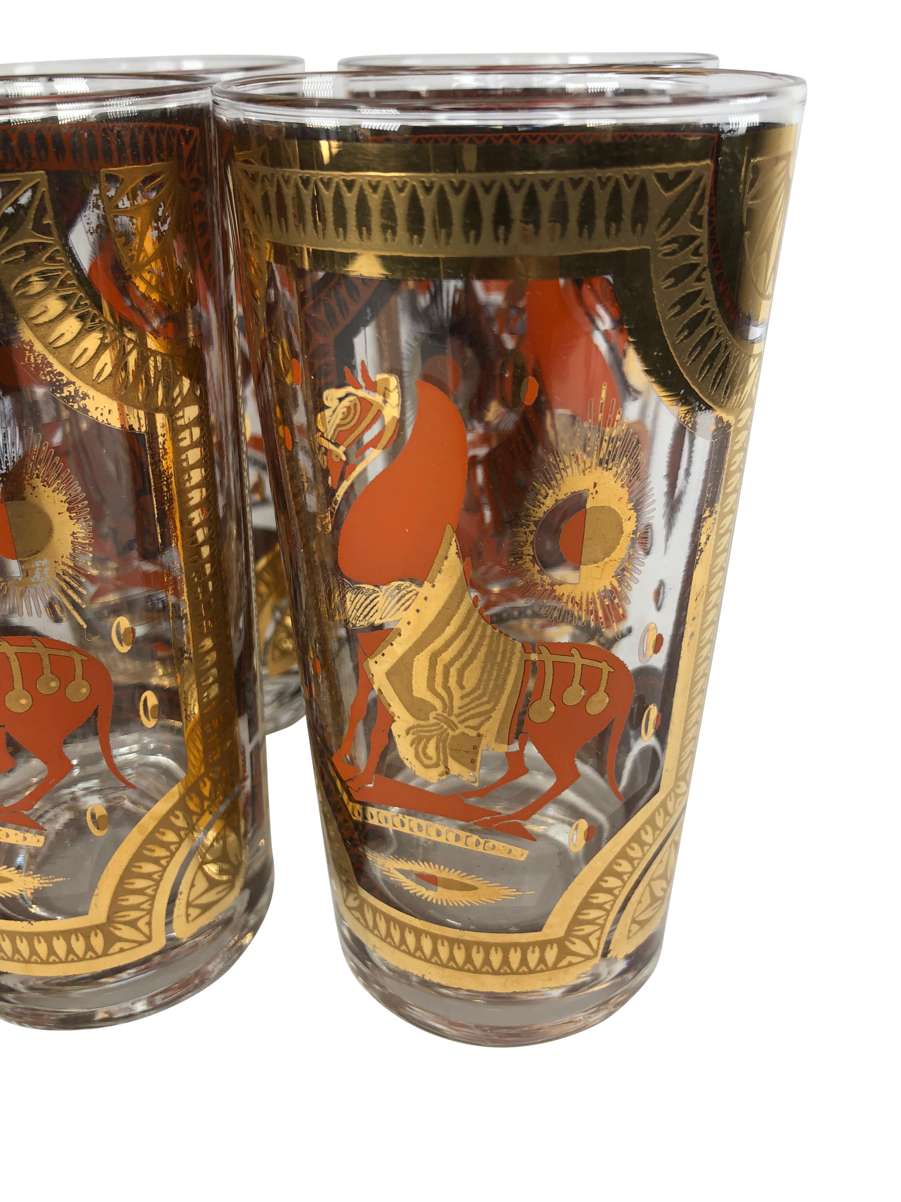 Mid-Century Modern Fred Press - Ensemble de 6 verres longs vintage en forme de cheval Trojan orange en vente