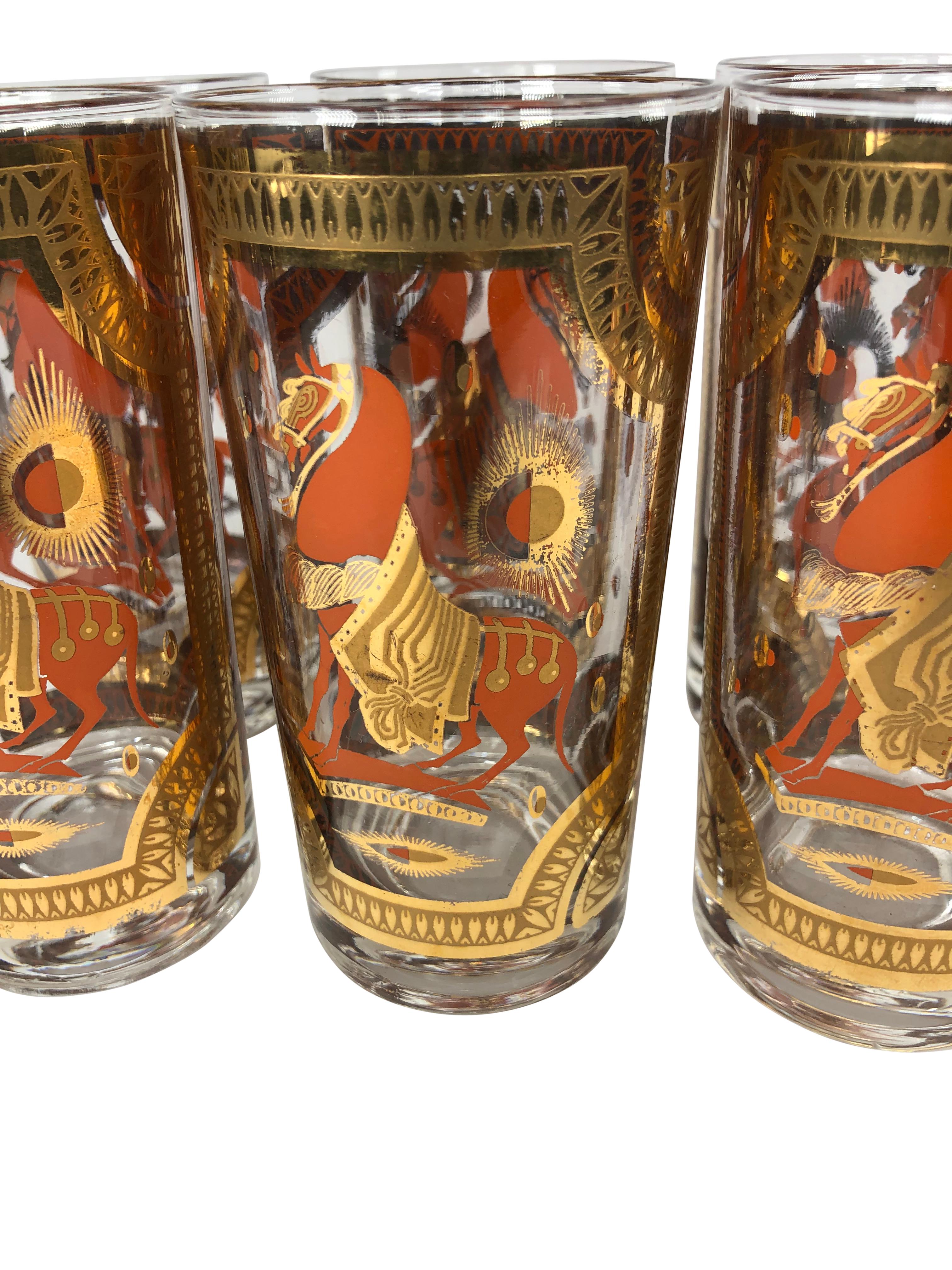 Américain Fred Press - Ensemble de 6 verres longs vintage en forme de cheval Trojan orange en vente