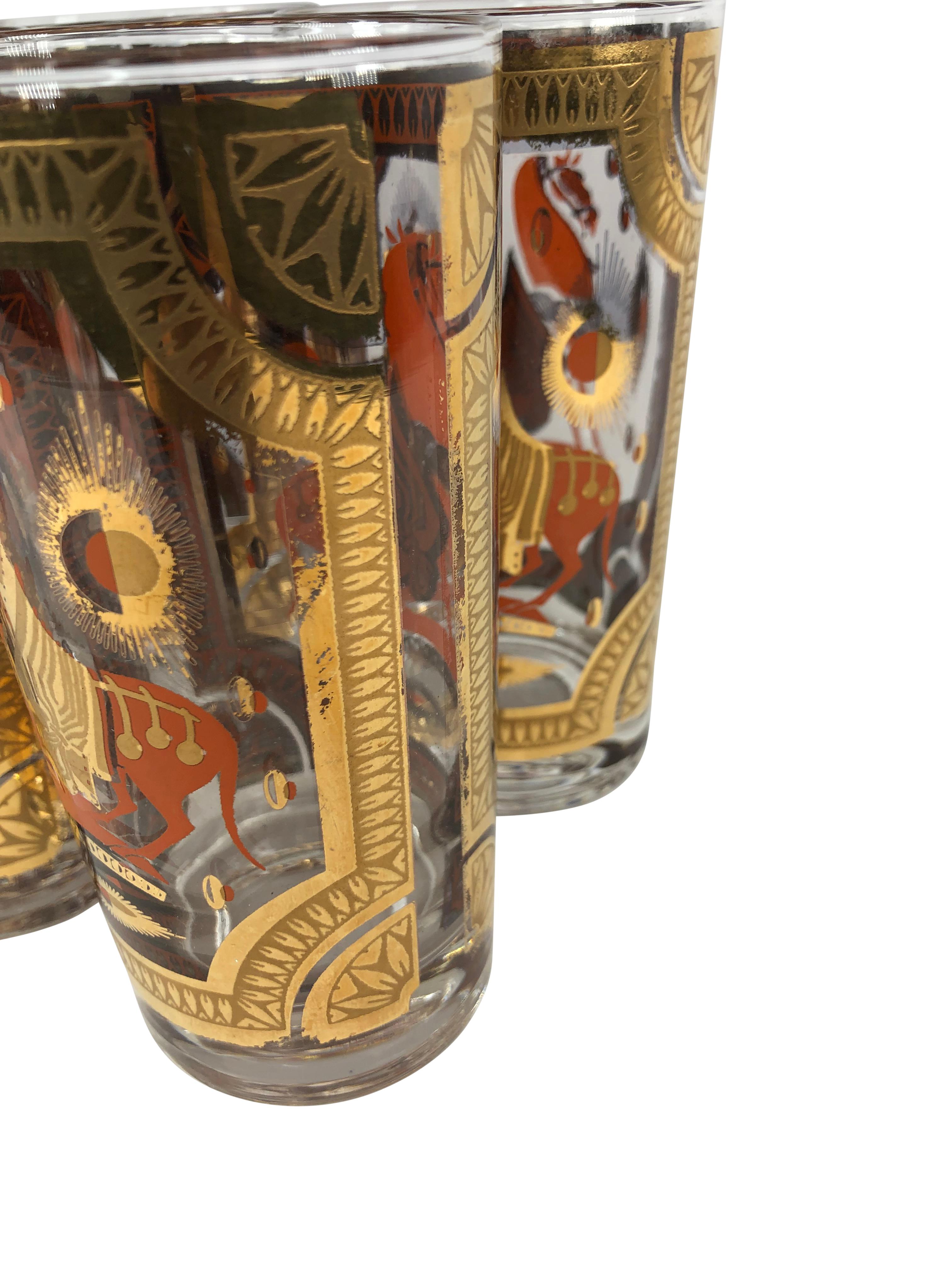 Fred Press - Ensemble de 6 verres longs vintage en forme de cheval Trojan orange Bon état - En vente à Chapel Hill, NC