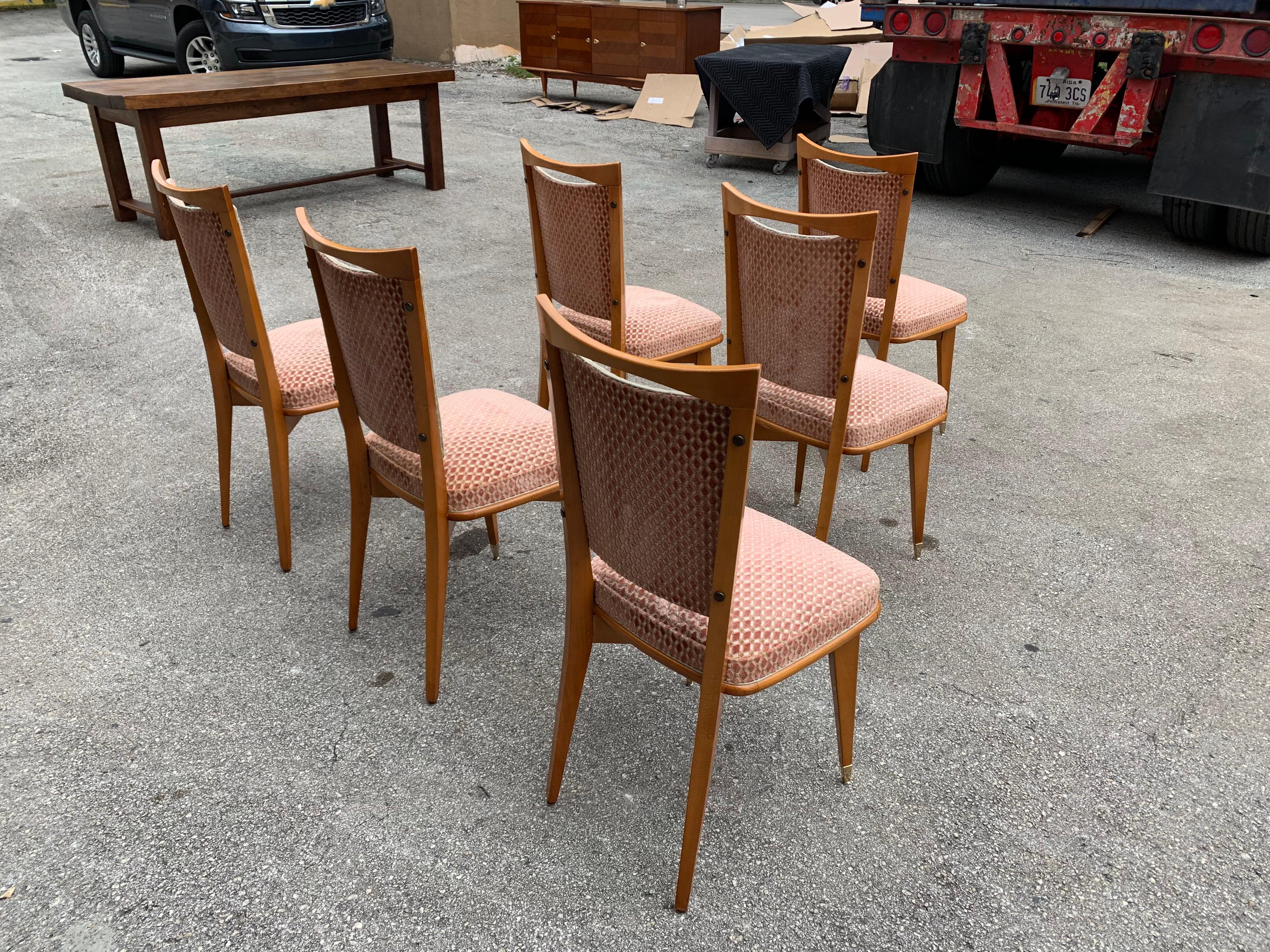 Set of 6 Vintage French Art Deco Solid Mahogany Dining Chairs, 1940s For Sale 5