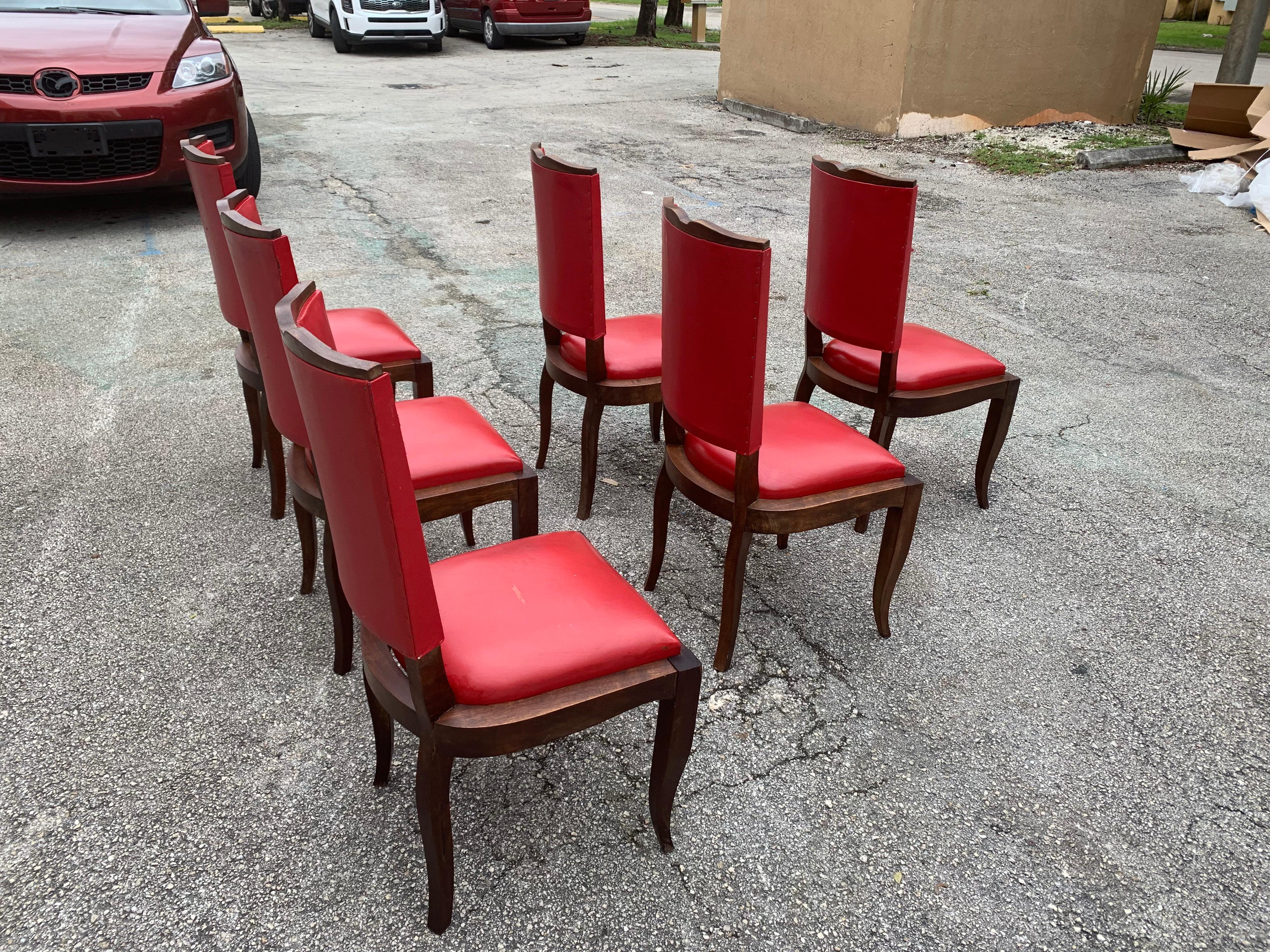Set of 6 Vintage French Art Deco Solid Mahogany Dining Chairs, 1940s For Sale 6