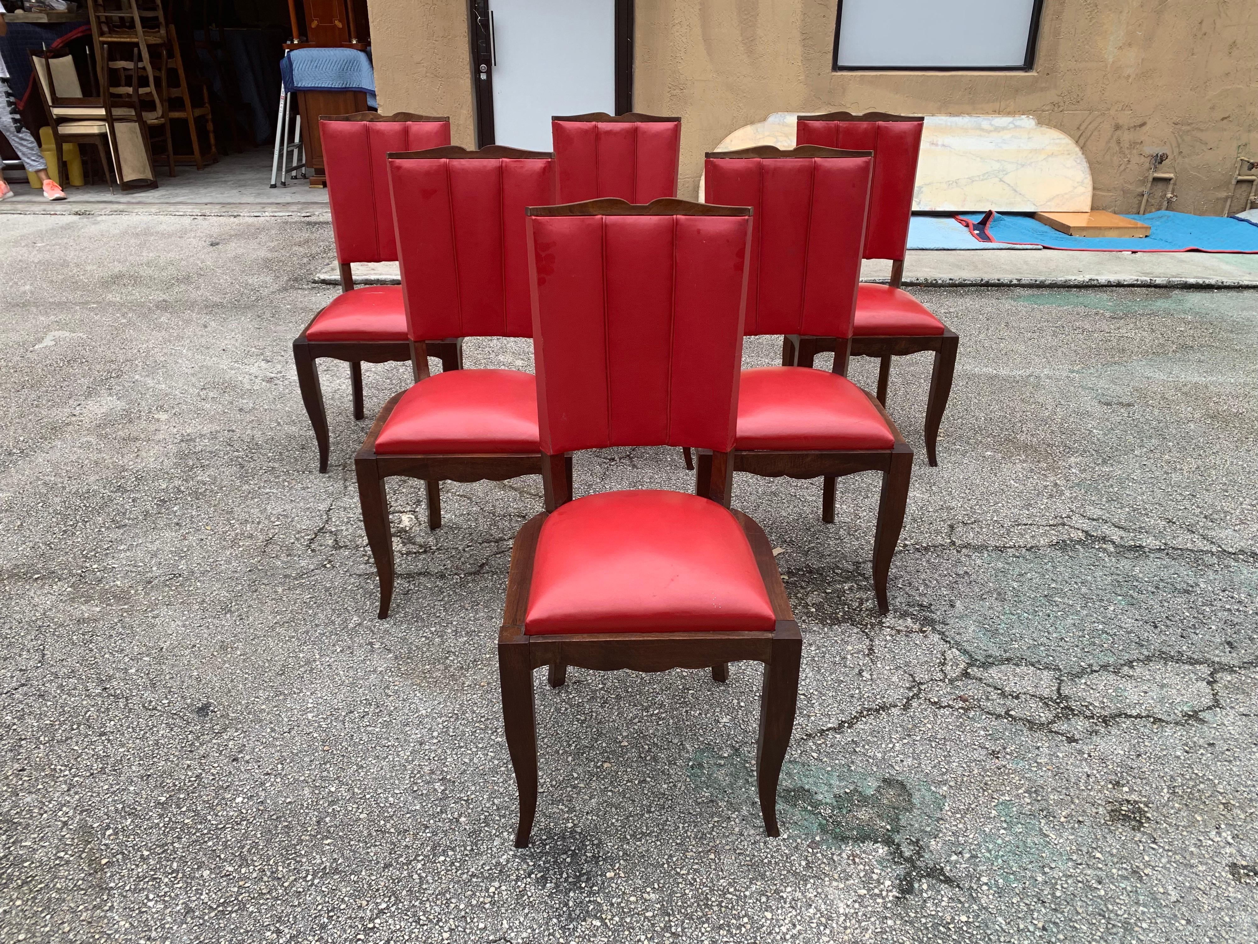 Set of 6 Vintage French Art Deco Solid Mahogany Dining Chairs, 1940s In Good Condition For Sale In Hialeah, FL