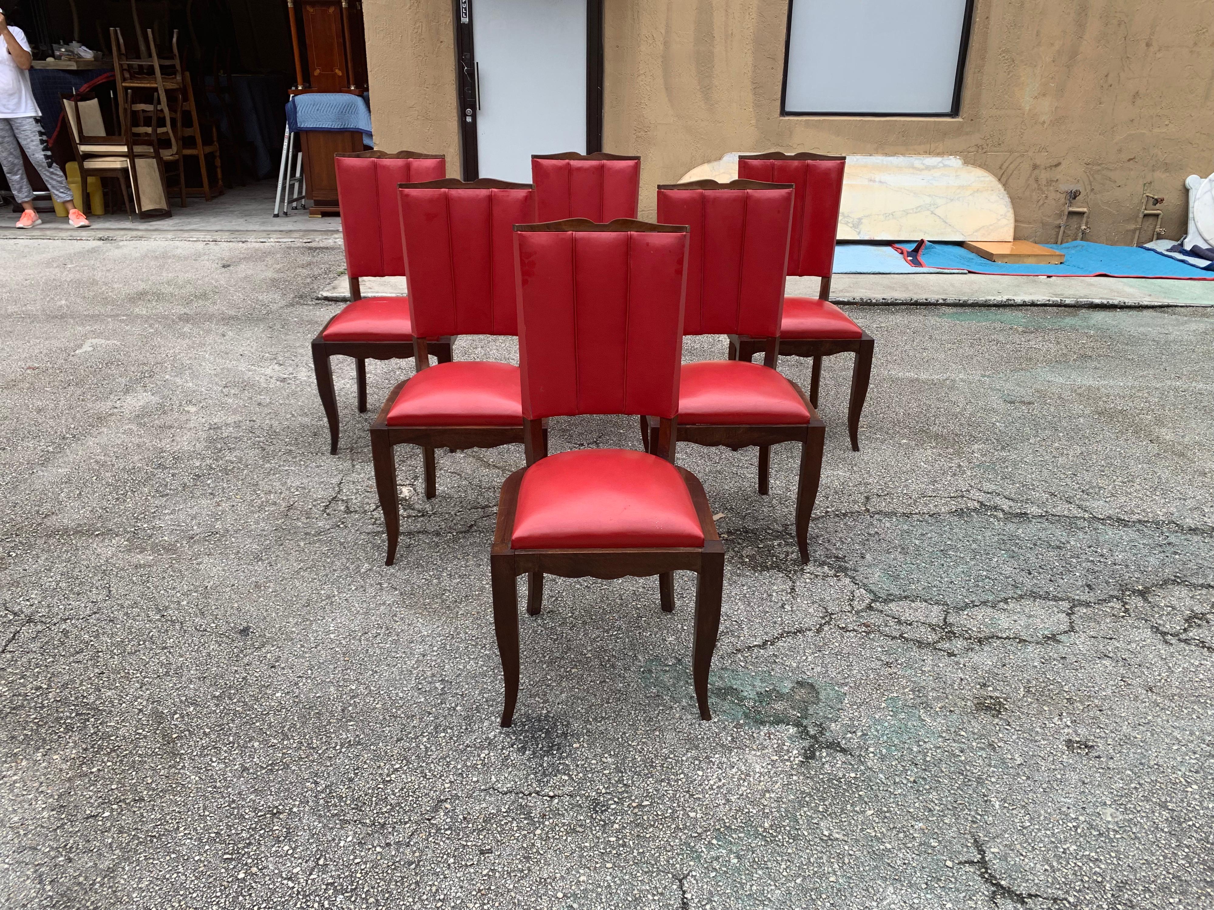 Mid-20th Century Set of 6 Vintage French Art Deco Solid Mahogany Dining Chairs, 1940s For Sale