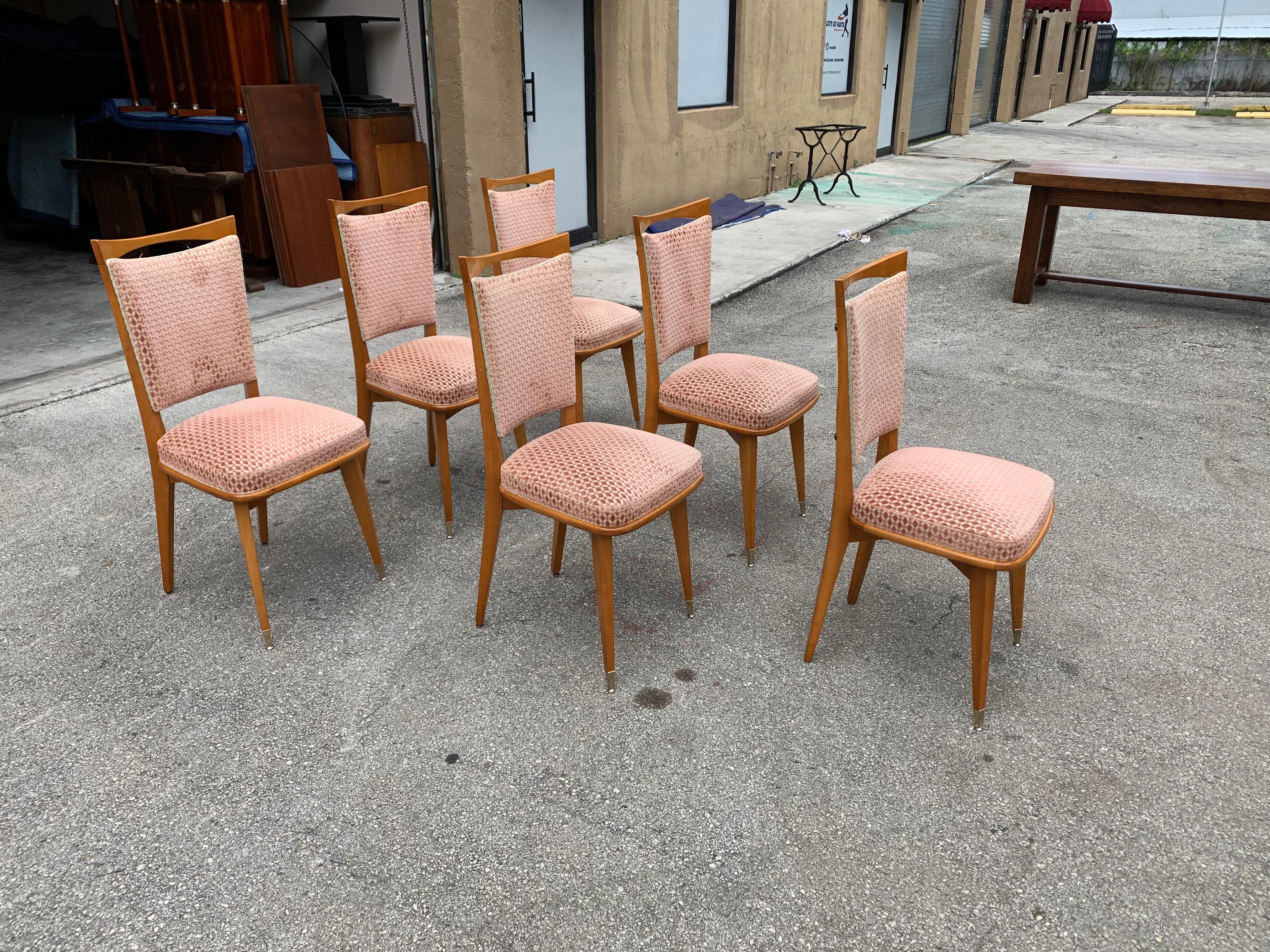 Brass Set of 6 Vintage French Art Deco Solid Mahogany Dining Chairs, 1940s For Sale