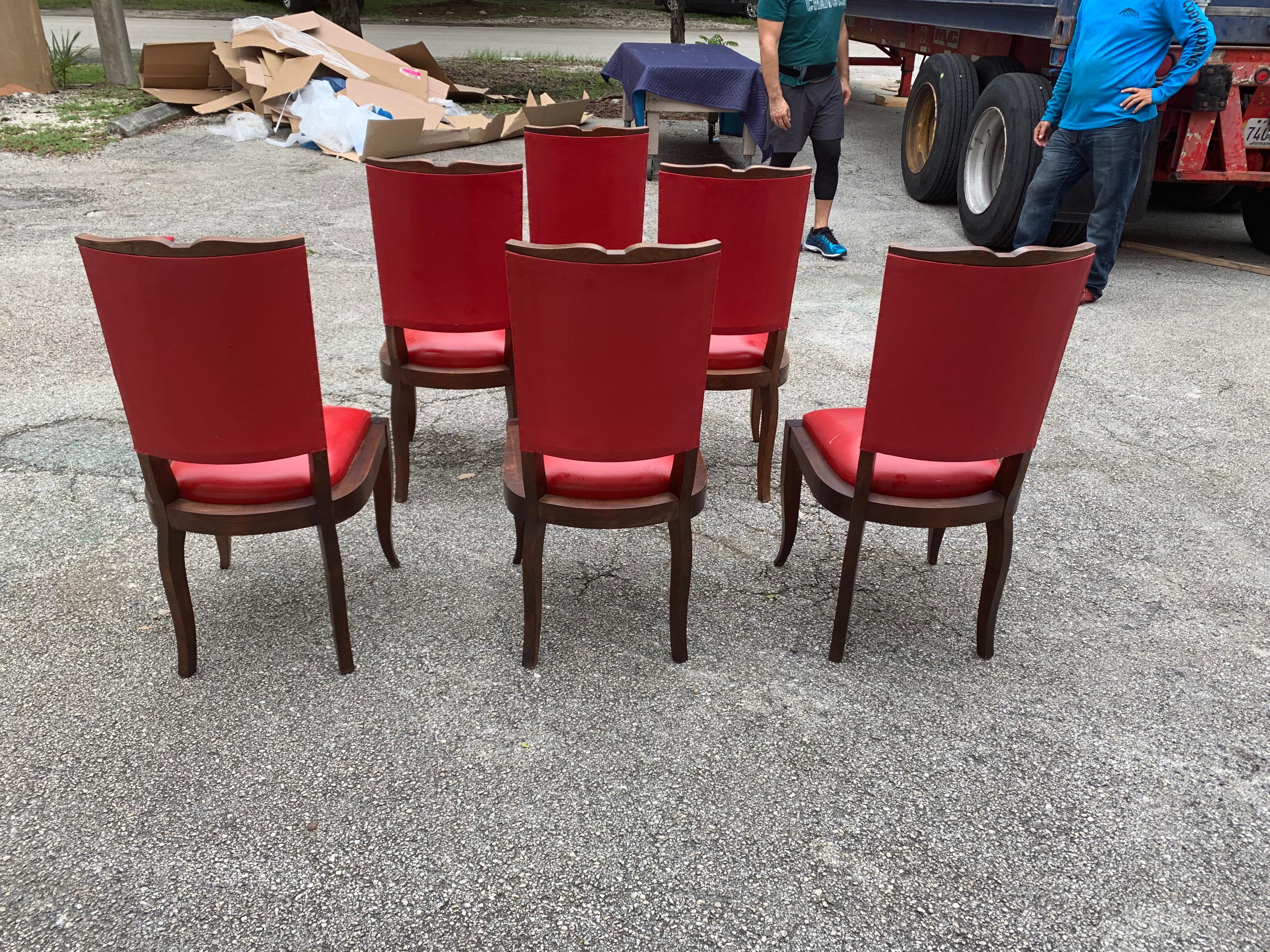Set of 6 Vintage French Art Deco Solid Mahogany Dining Chairs, 1940s For Sale 1