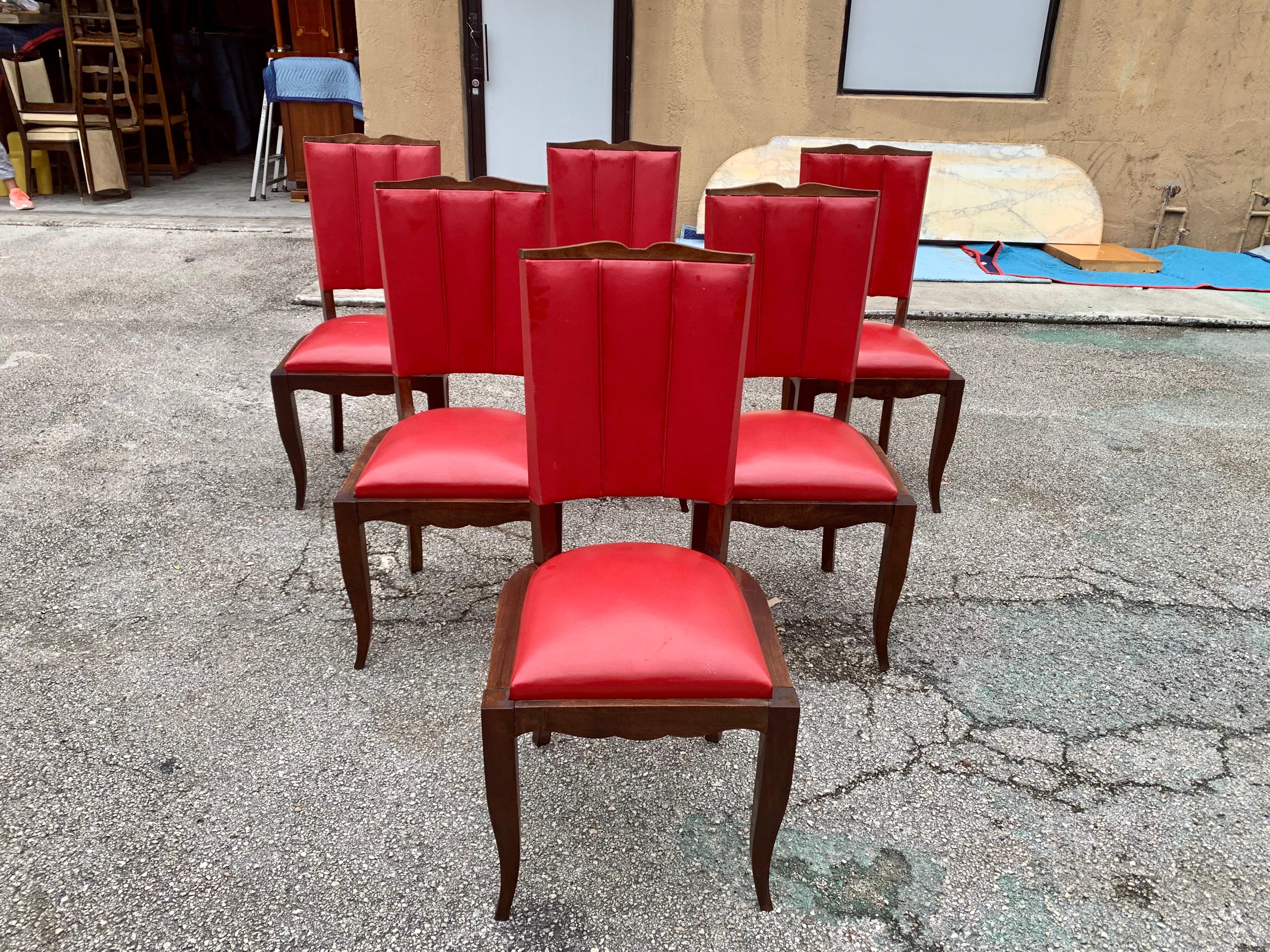 Set of 6 Vintage French Art Deco Solid Mahogany Dining Chairs, 1940s For Sale 2