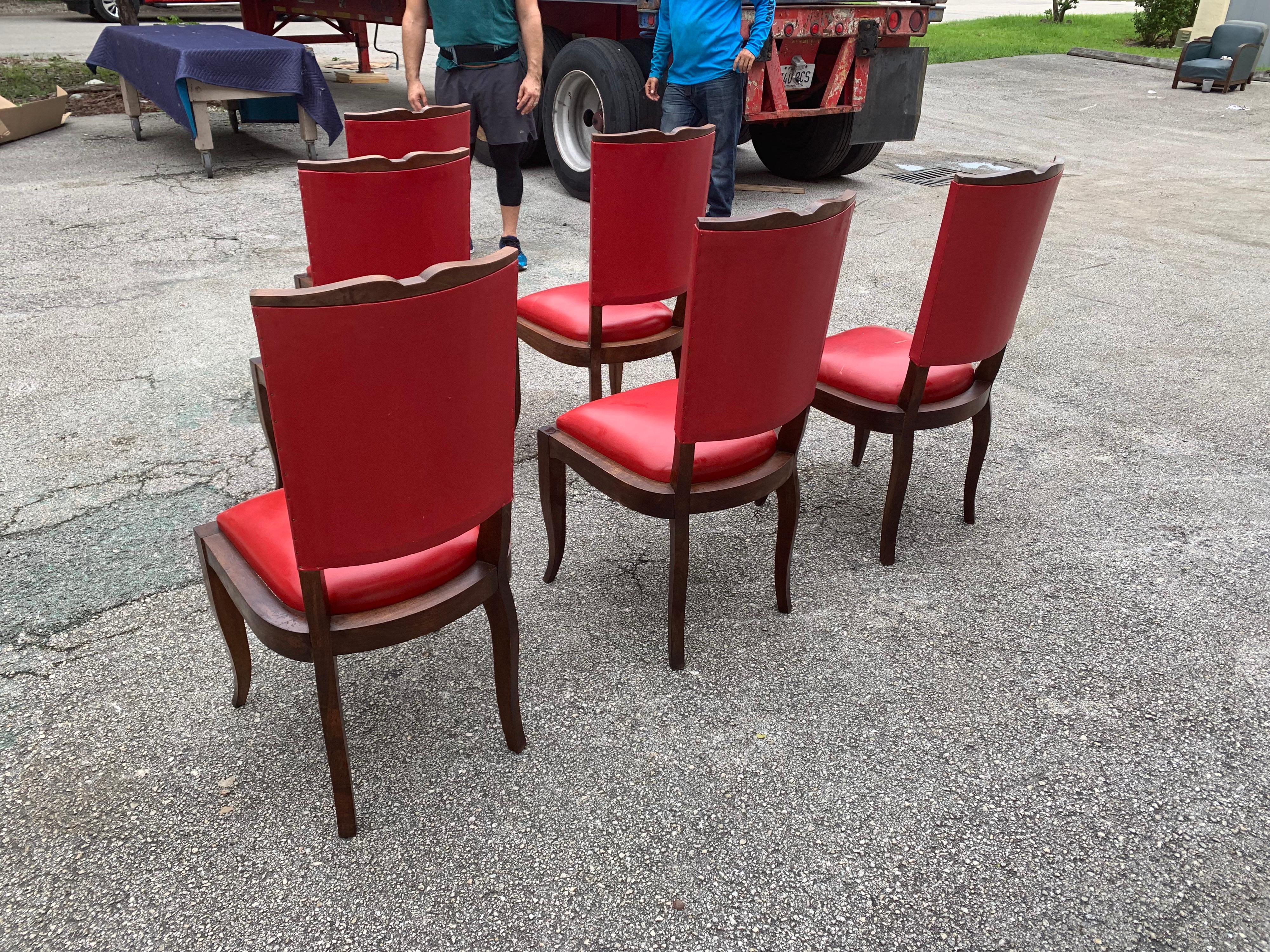 Set of 6 Vintage French Art Deco Solid Mahogany Dining Chairs, 1940s For Sale 3