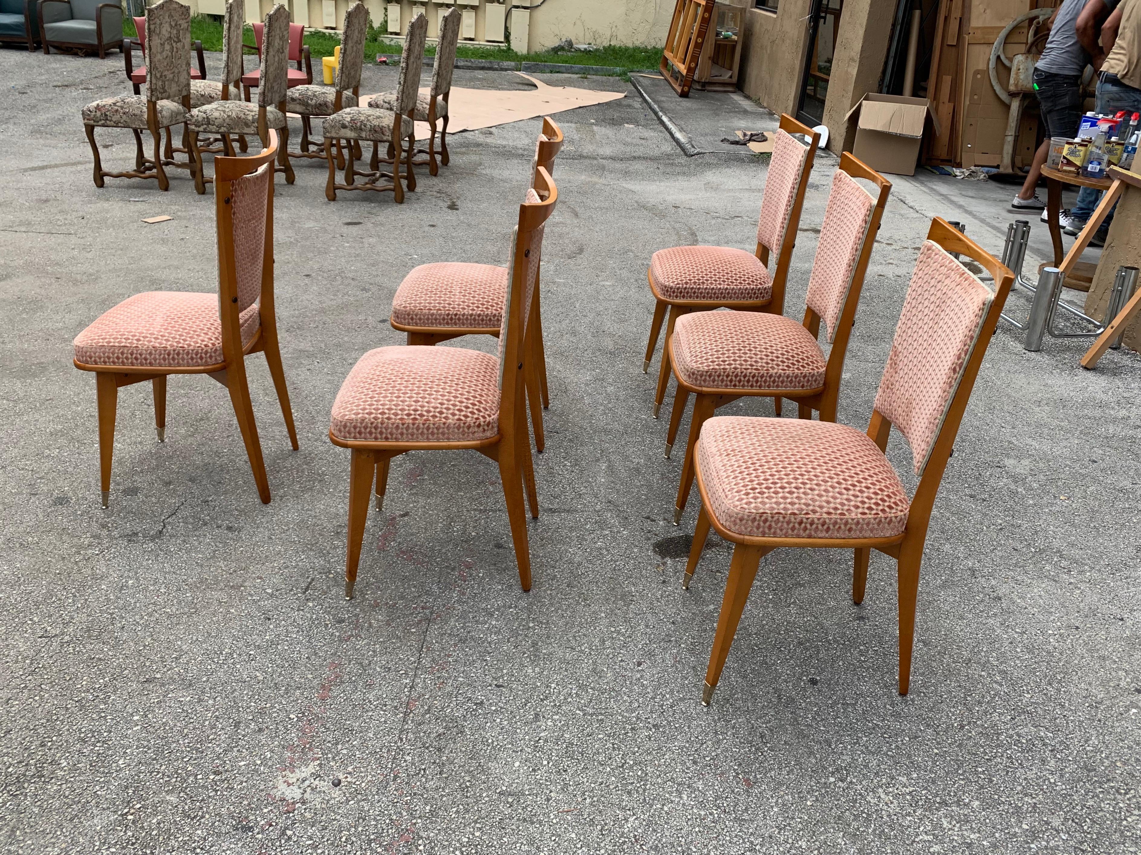 Set of 6 Vintage French Art Deco Solid Mahogany Dining Chairs, 1940s For Sale 3
