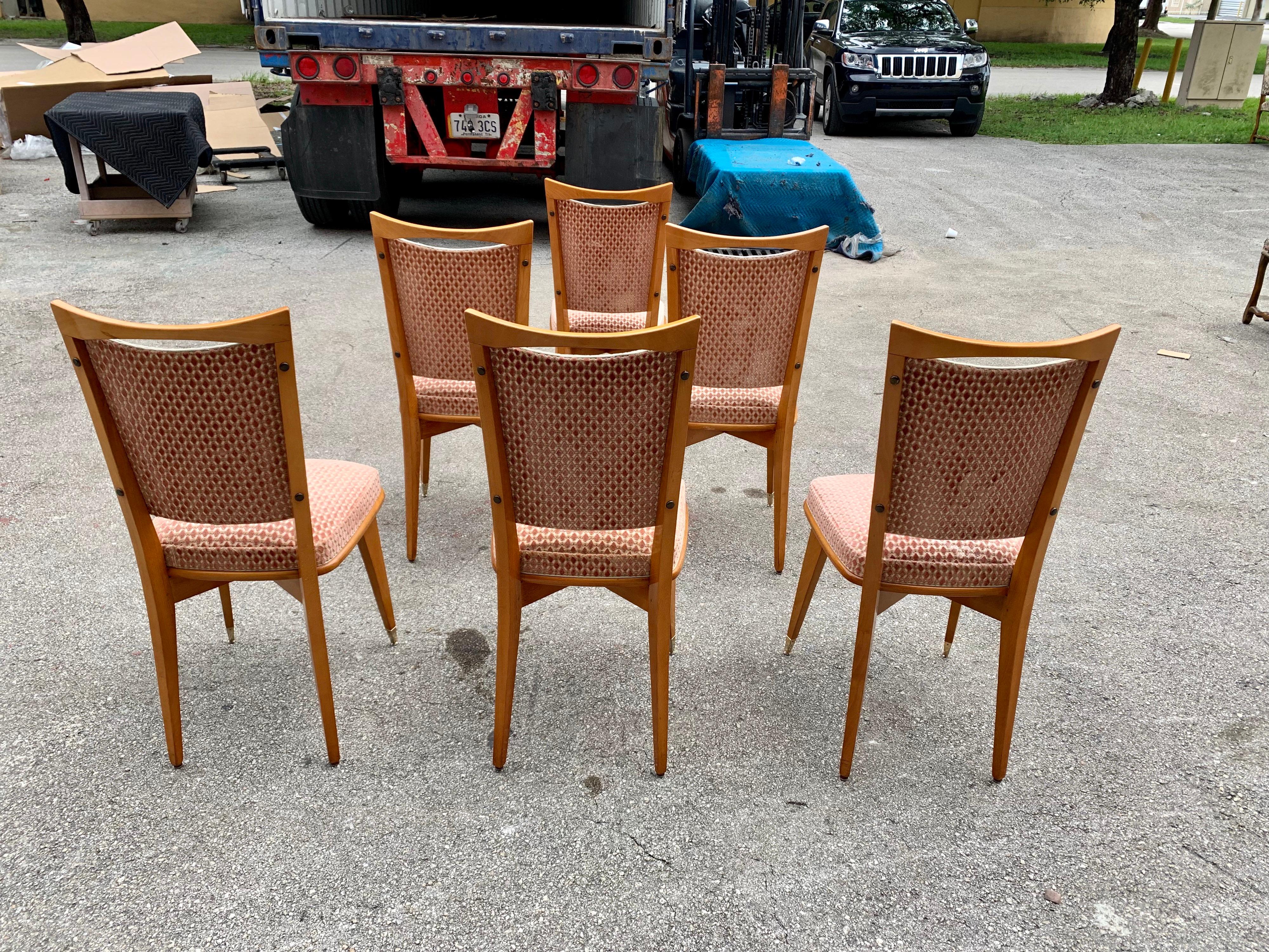 Set of 6 Vintage French Art Deco Solid Mahogany Dining Chairs, 1940s For Sale 4