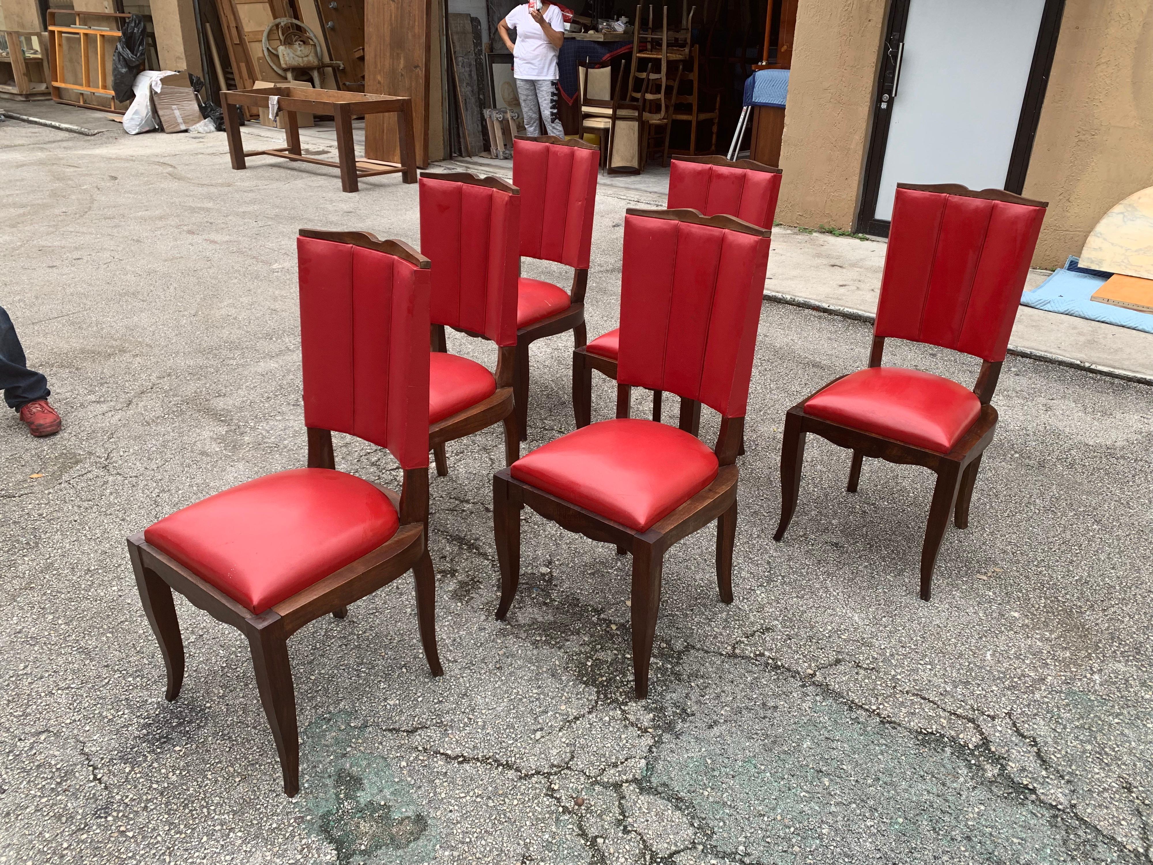 Set of 6 Vintage French Art Deco Solid Mahogany Dining Chairs, 1940s For Sale 5