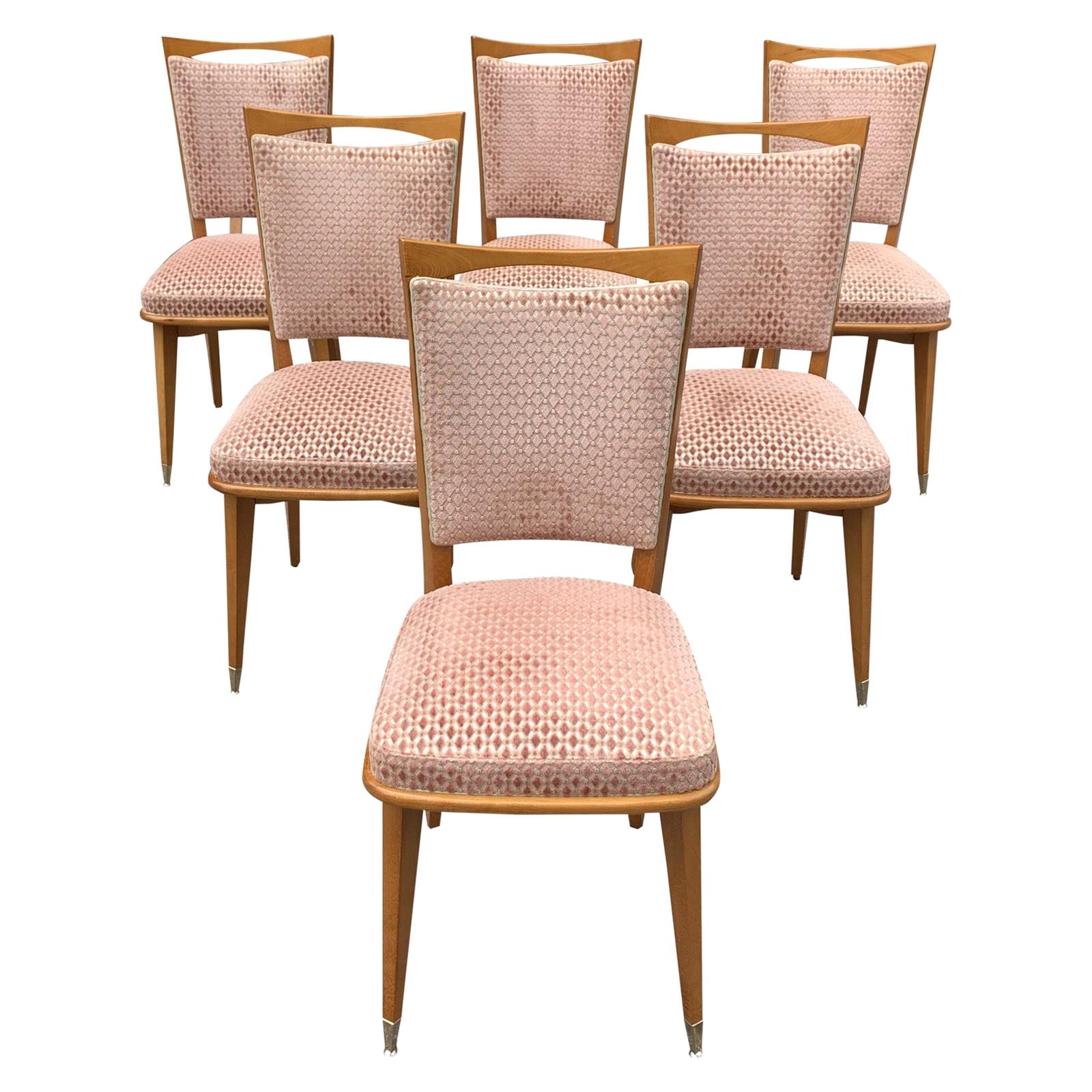 Set of 6 Vintage French Art Deco Solid Mahogany Dining Chairs, 1940s For Sale