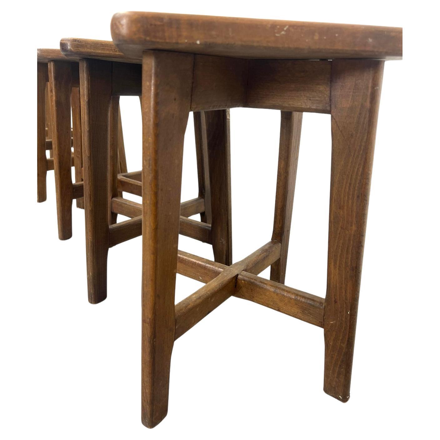 Woodwork Set of 6 vintage French arts and crafts solid wood stools  For Sale