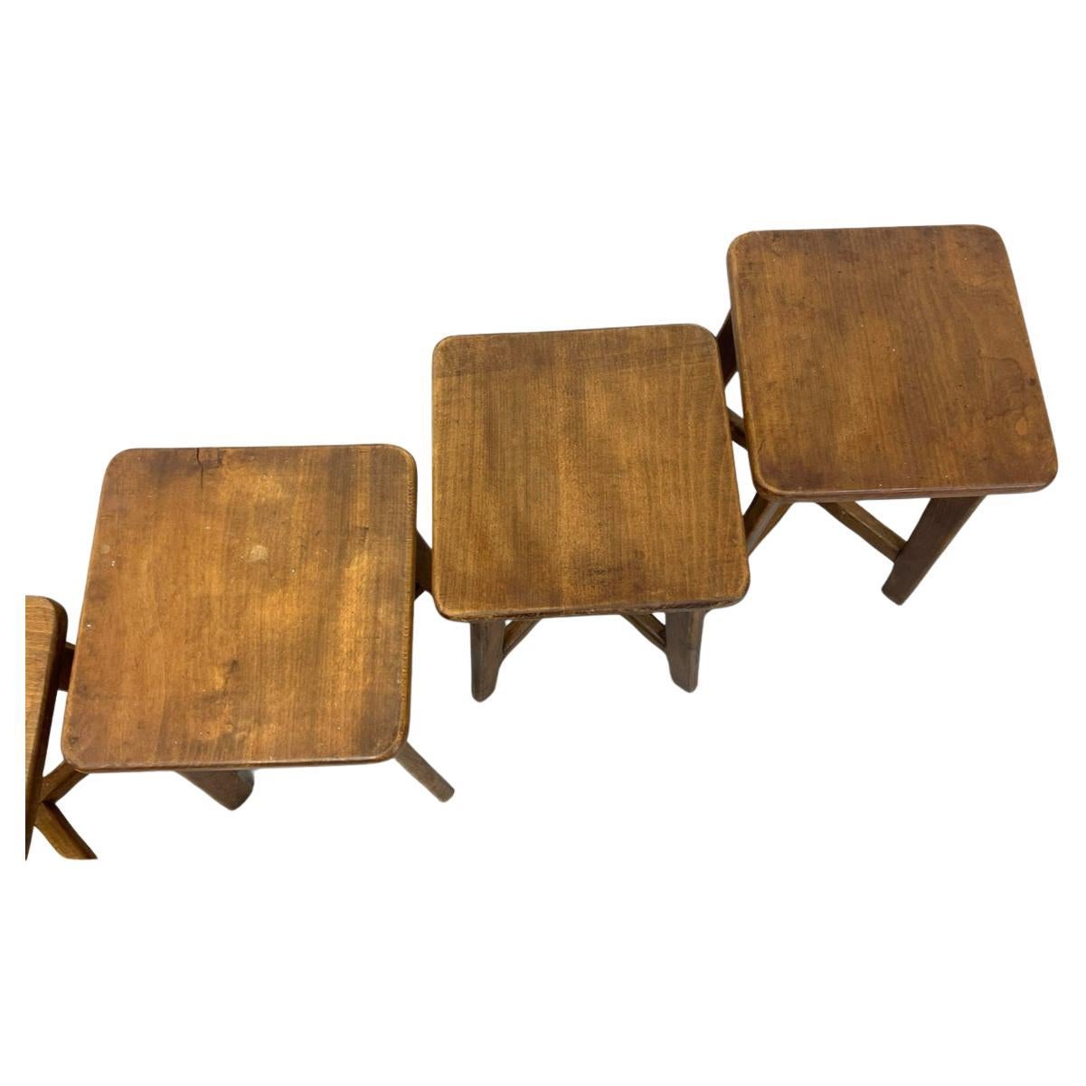 Mid-20th Century Set of 6 vintage French arts and crafts solid wood stools  For Sale