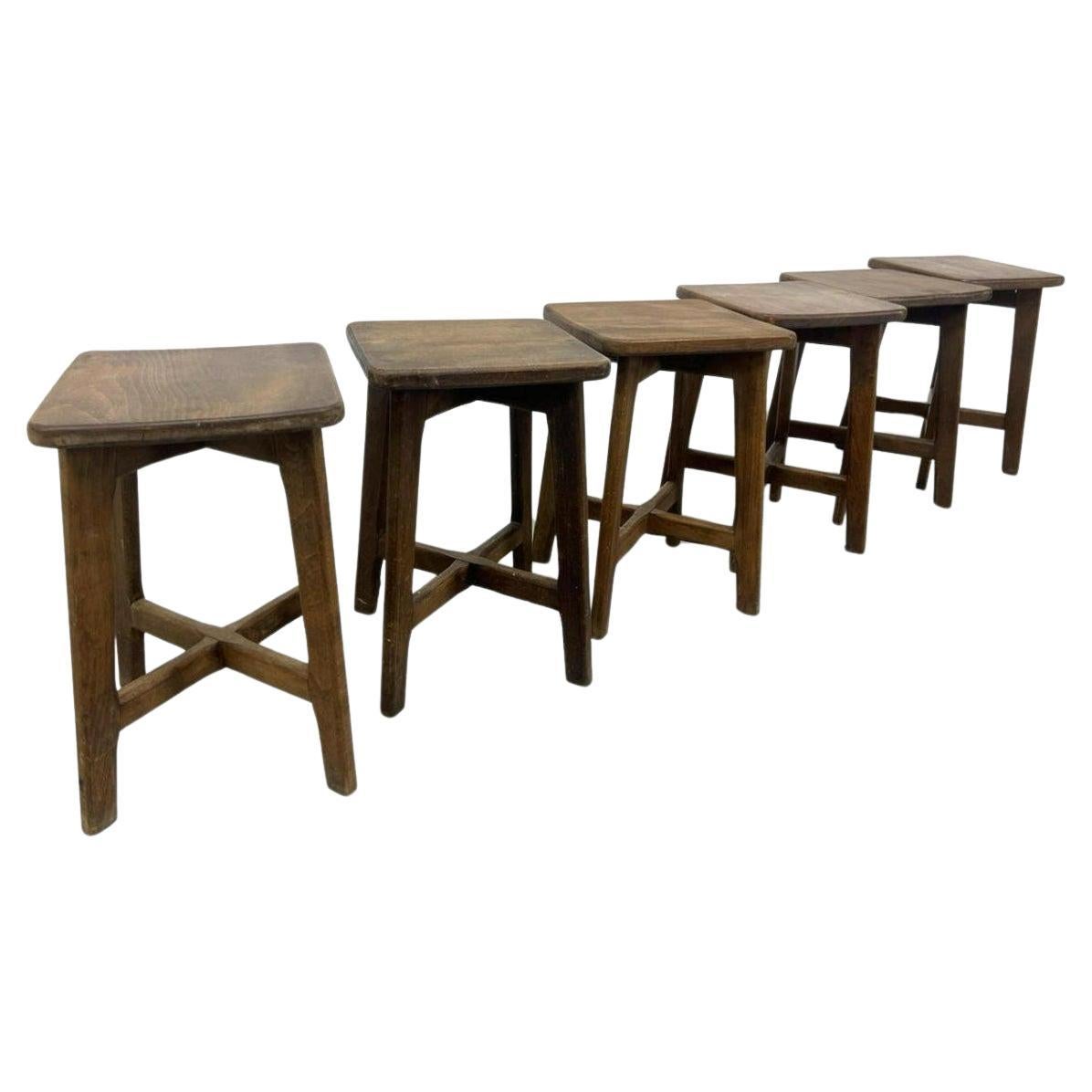 Set of 6 vintage French arts and crafts solid wood stools  For Sale
