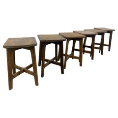 Set of 6 vintage French arts and crafts solid wood stools 