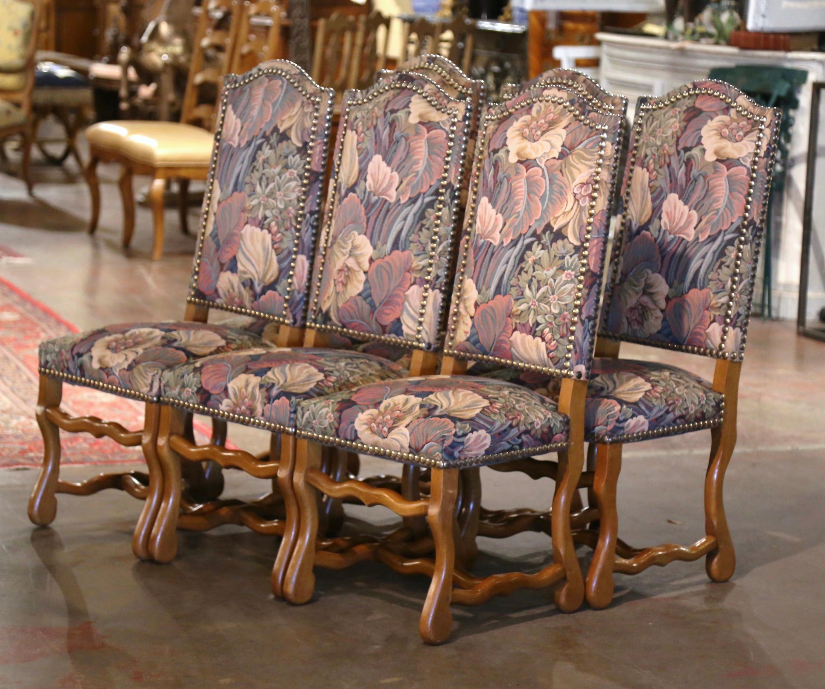 20th Century Set of 6 Vintage French Carved Sheep Bone Dining Chairs with Tapestry For Sale