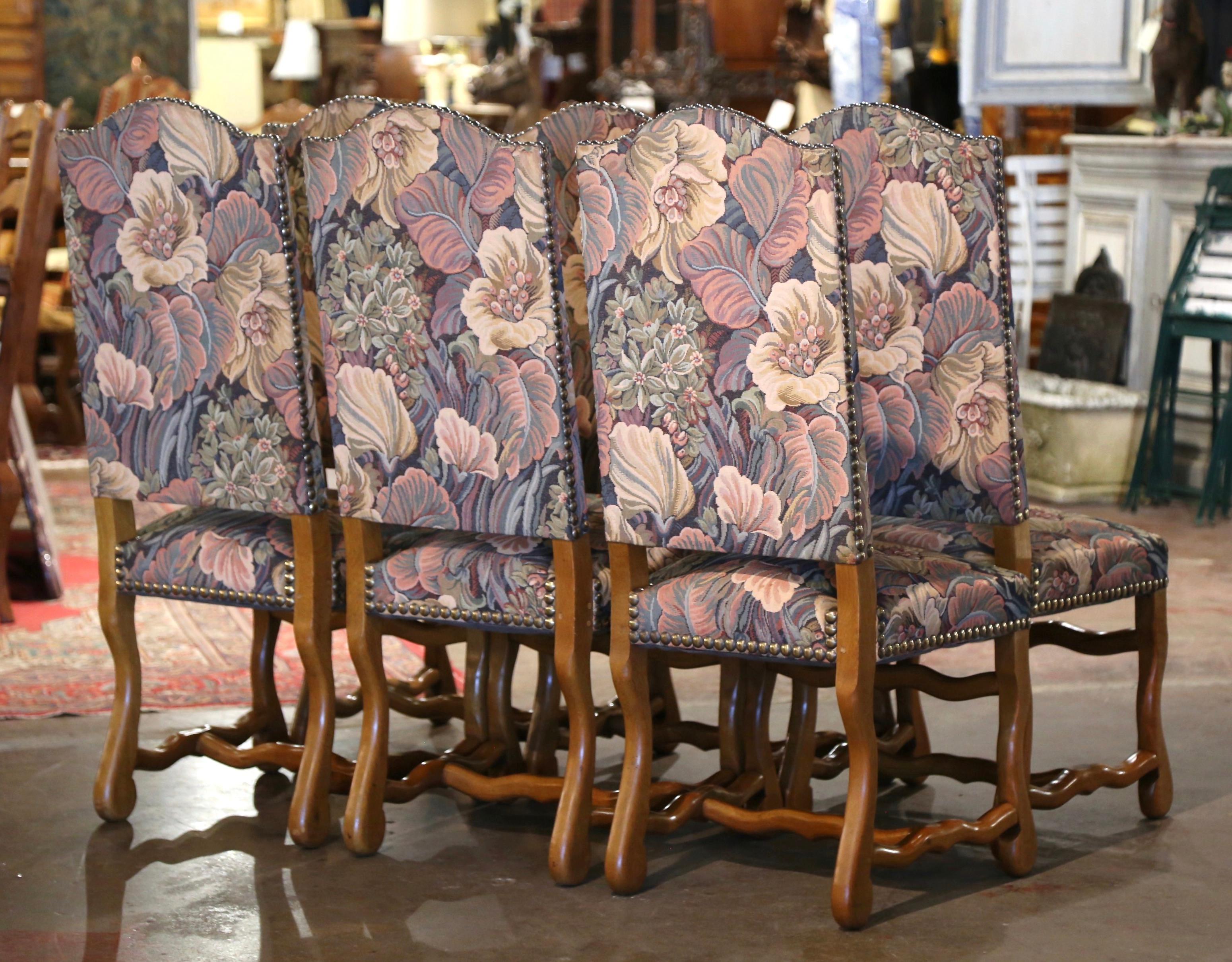 Tapisserie Ensemble de 6 chaises de salle à manger vintage françaises en peau de mouton sculptée avec tapisserie en vente