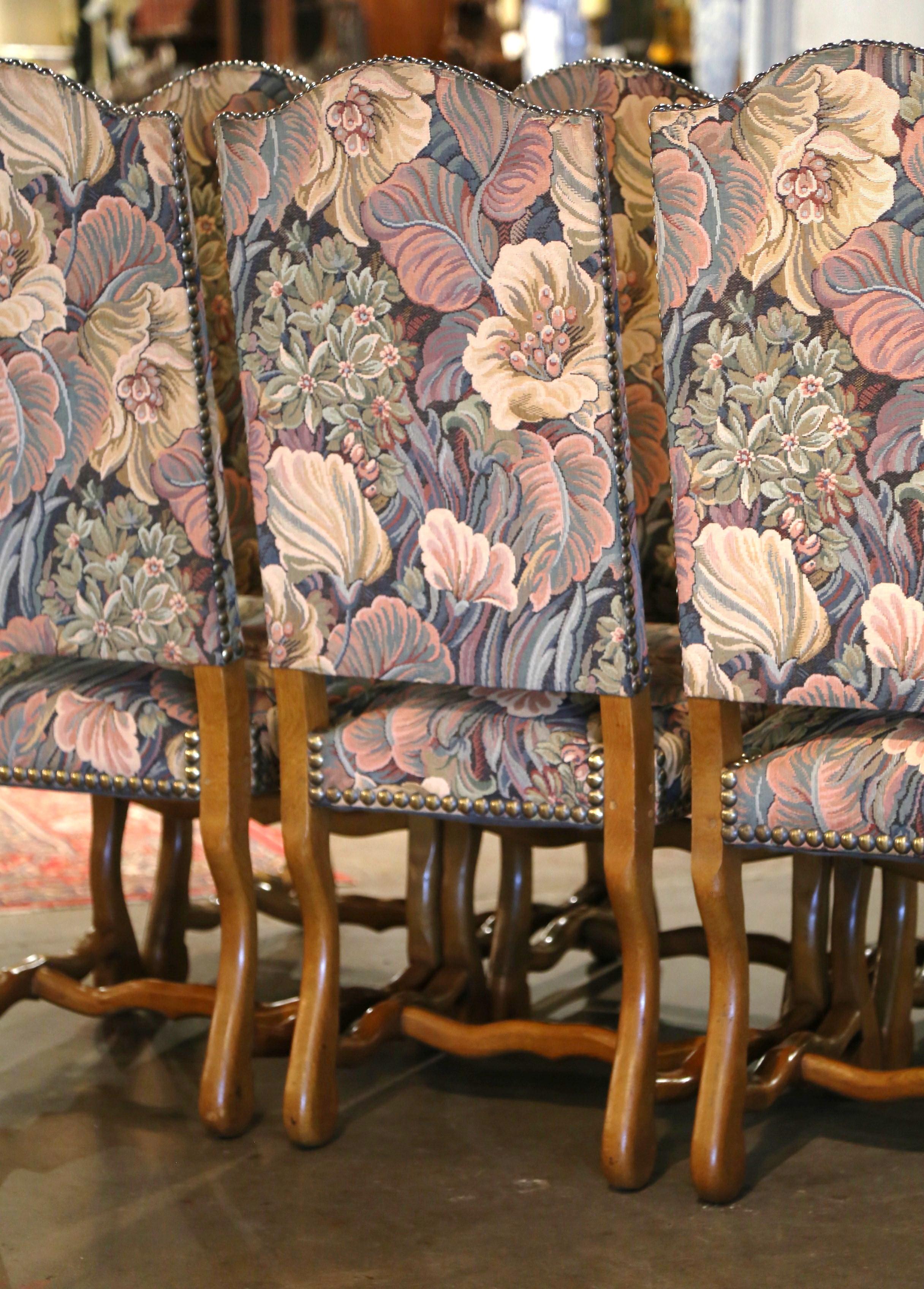 Ensemble de 6 chaises de salle à manger vintage françaises en peau de mouton sculptée avec tapisserie en vente 1