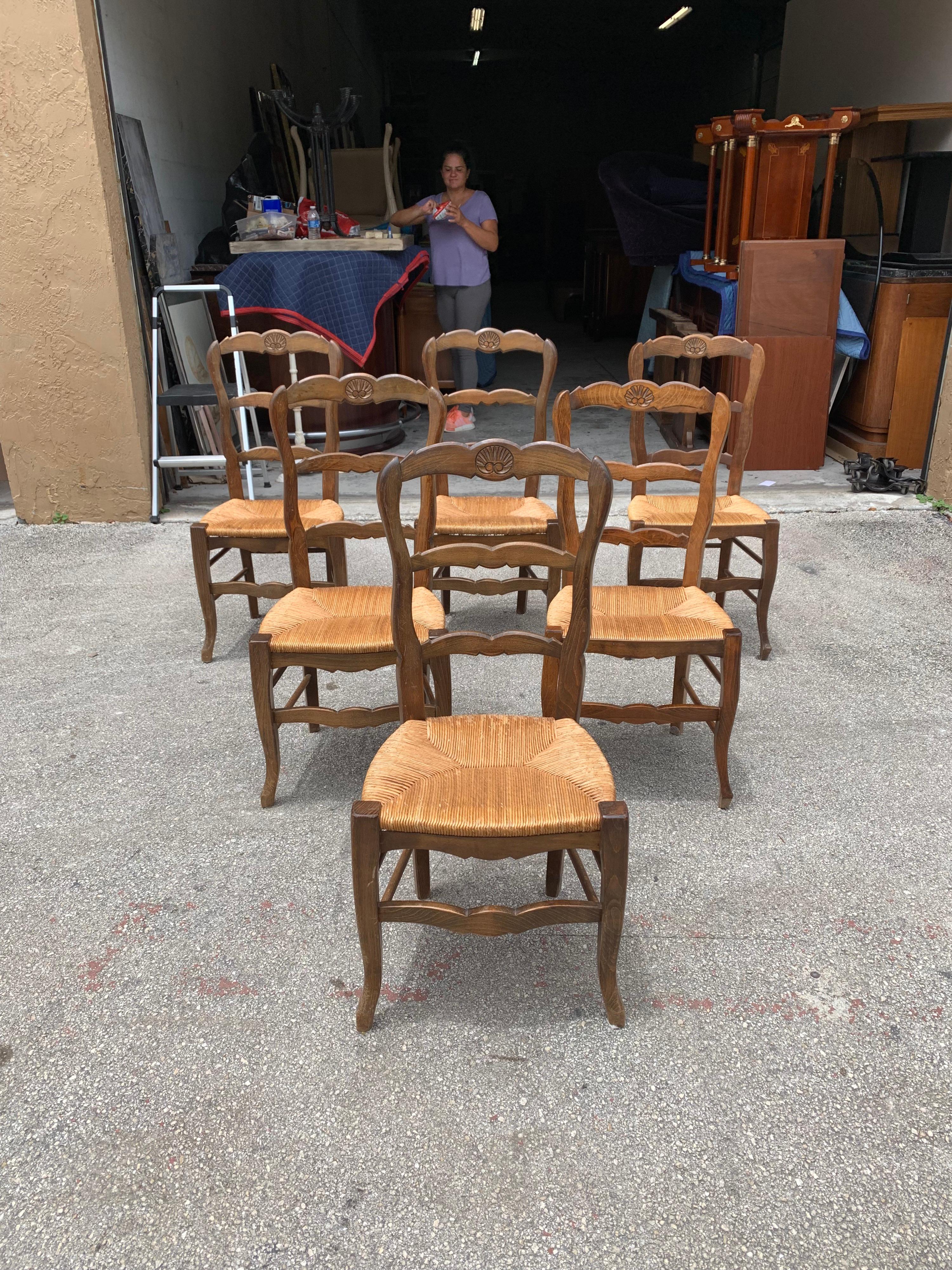 Set of 6 Vintage French Country Rush Seat Solid Walnut Dining Chairs, 1910s 5